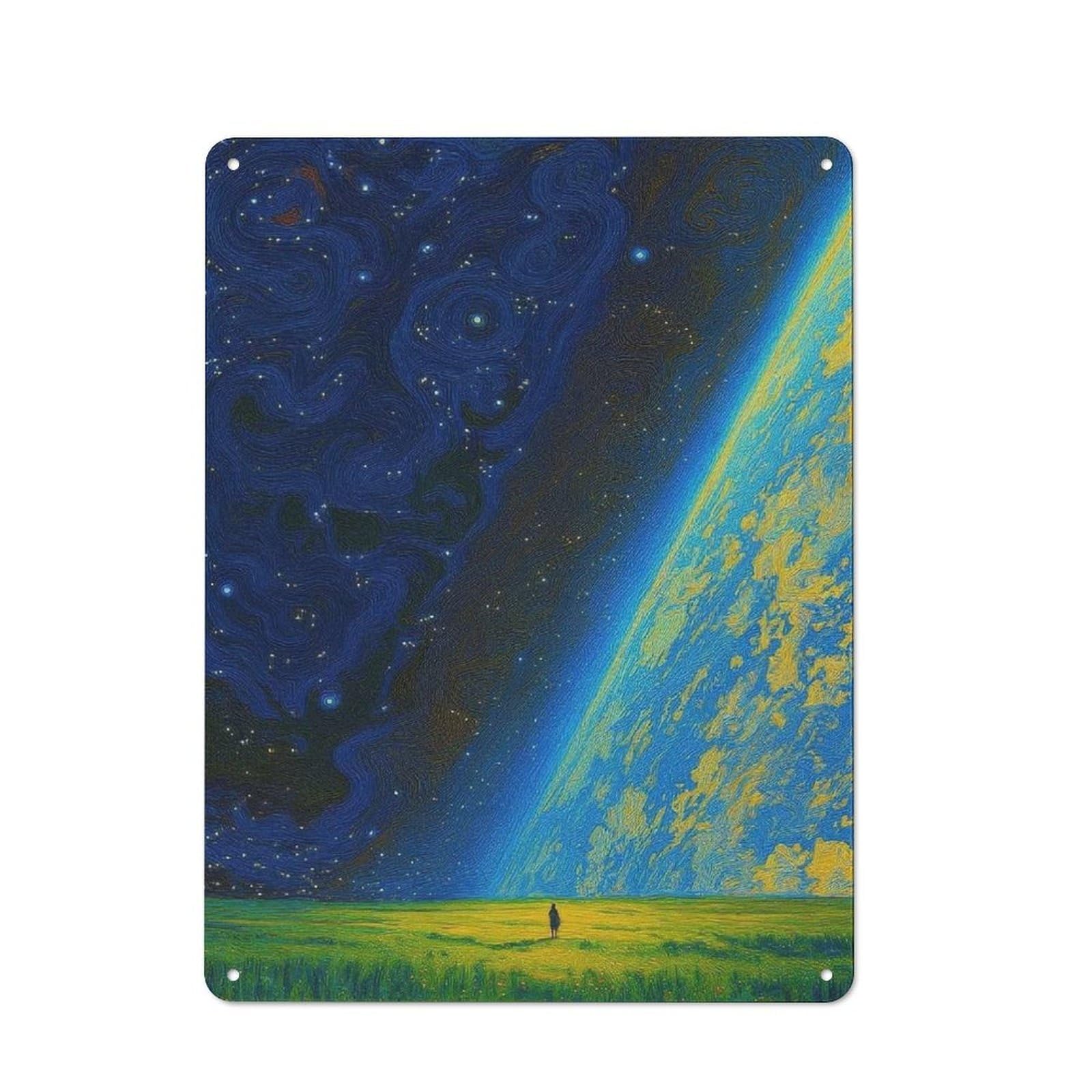 Junmoney Style-24 Cosmic Wanderer Earth And Starry Sky Retro Metal Wall Sign 40X30cm For Guest Room Or Hallway, A Housewarming Gift For Home Decor Collectors