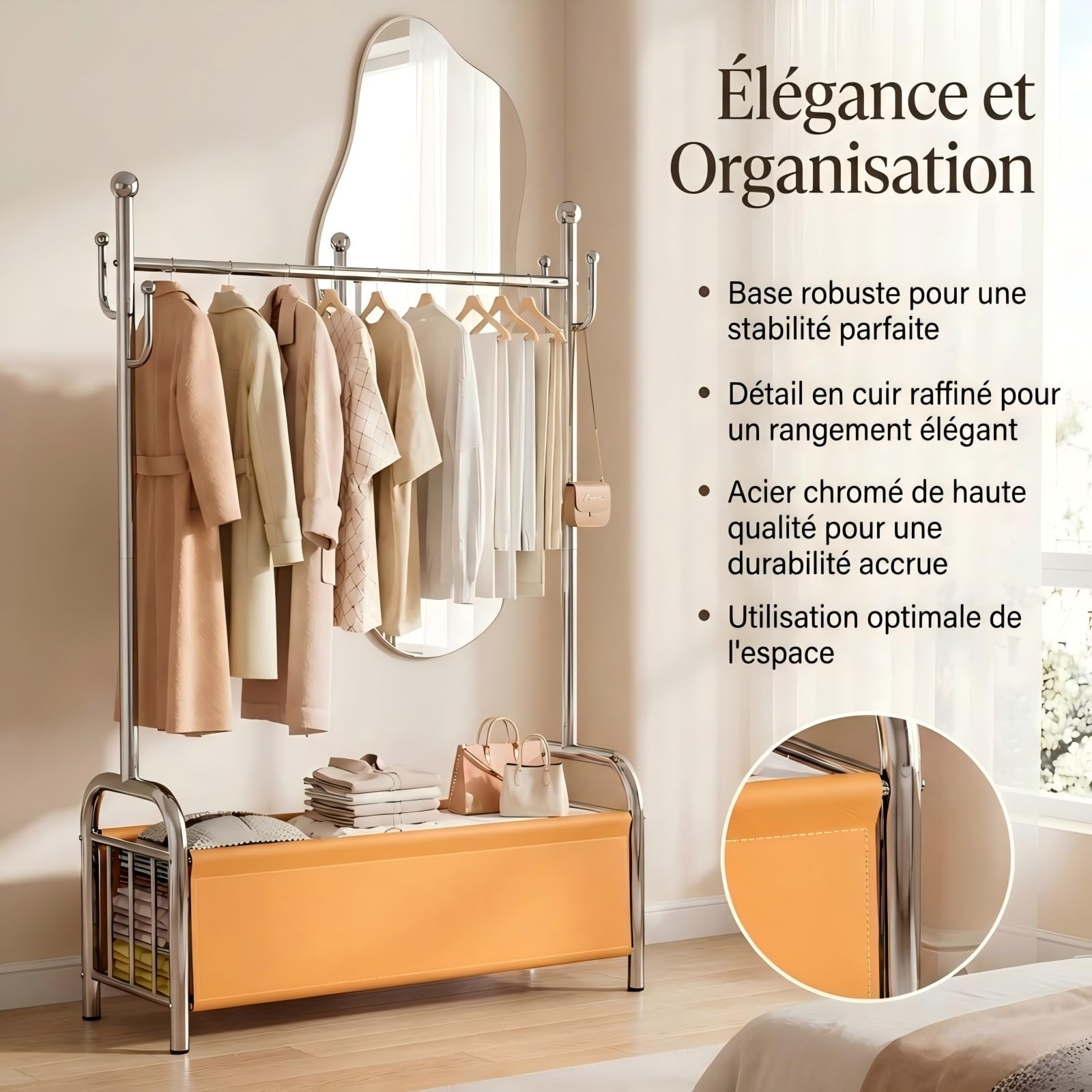 Portant à Vêtements en Acier Inoxydable avec Panier de Rangement, Penderie Solide, Tringle Robuste, Portant 3 en 1 pour Organisation des Vêtements