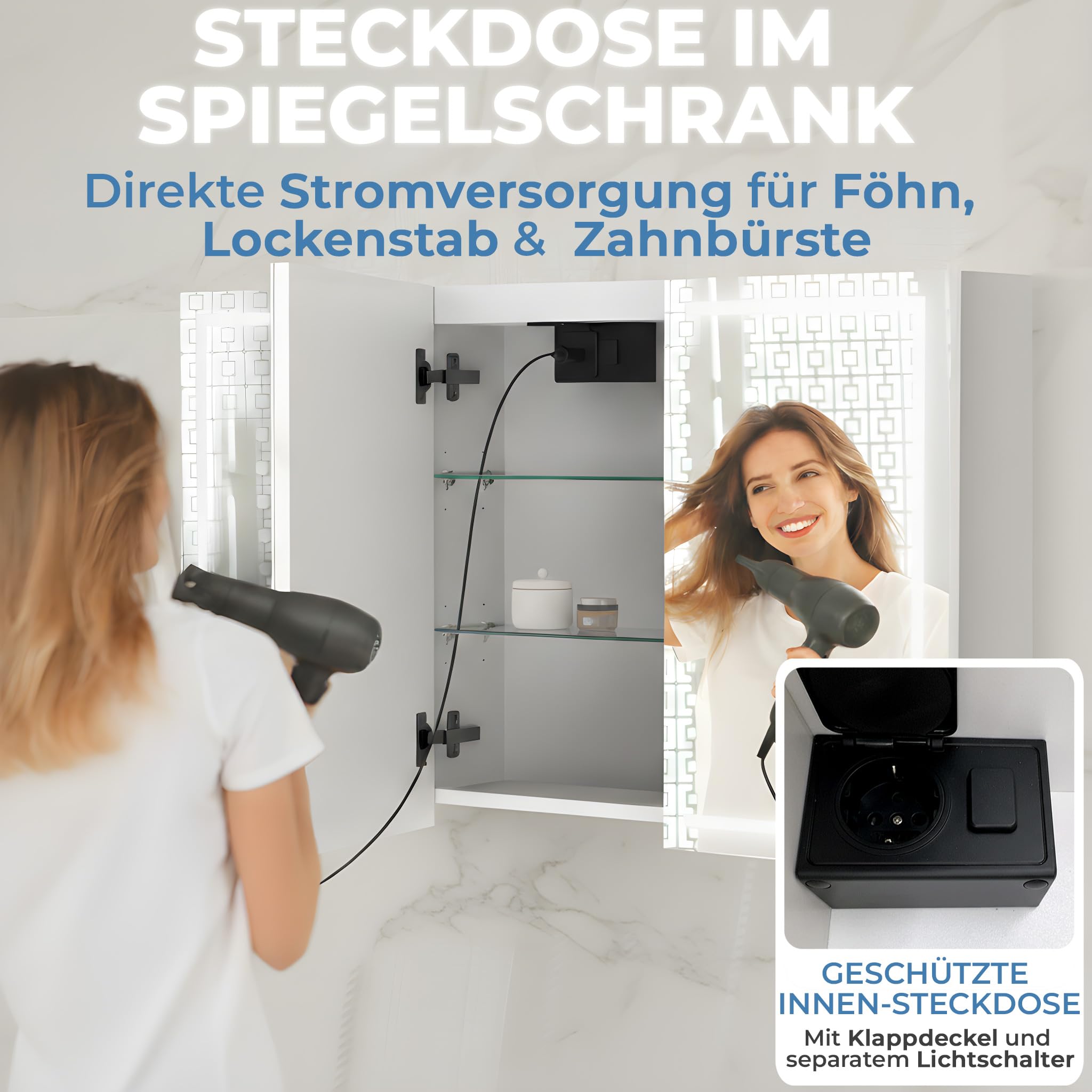 Milano Spiegelschrank Bad 100 cm, LED-Beleuchtung, Steckdose | Badspiegelschrank Weiß mit umlaufender LED-Beleuchtung, fertig montiert, Unterputz geeignet, Blum-Scharniere, Made in Europe