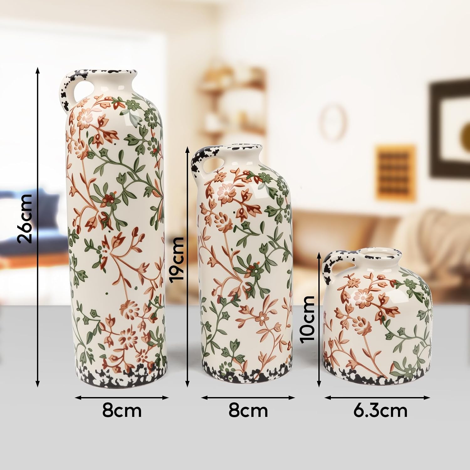 BestYiJo Ceramic Vase Set of 3, Vintage Green & Beige Hand-Painted Chinese Floral Vases - Rustic Farmhouse Decor for Living Room, Kitchen, Bookshelf | Grand Millennial Home Gift