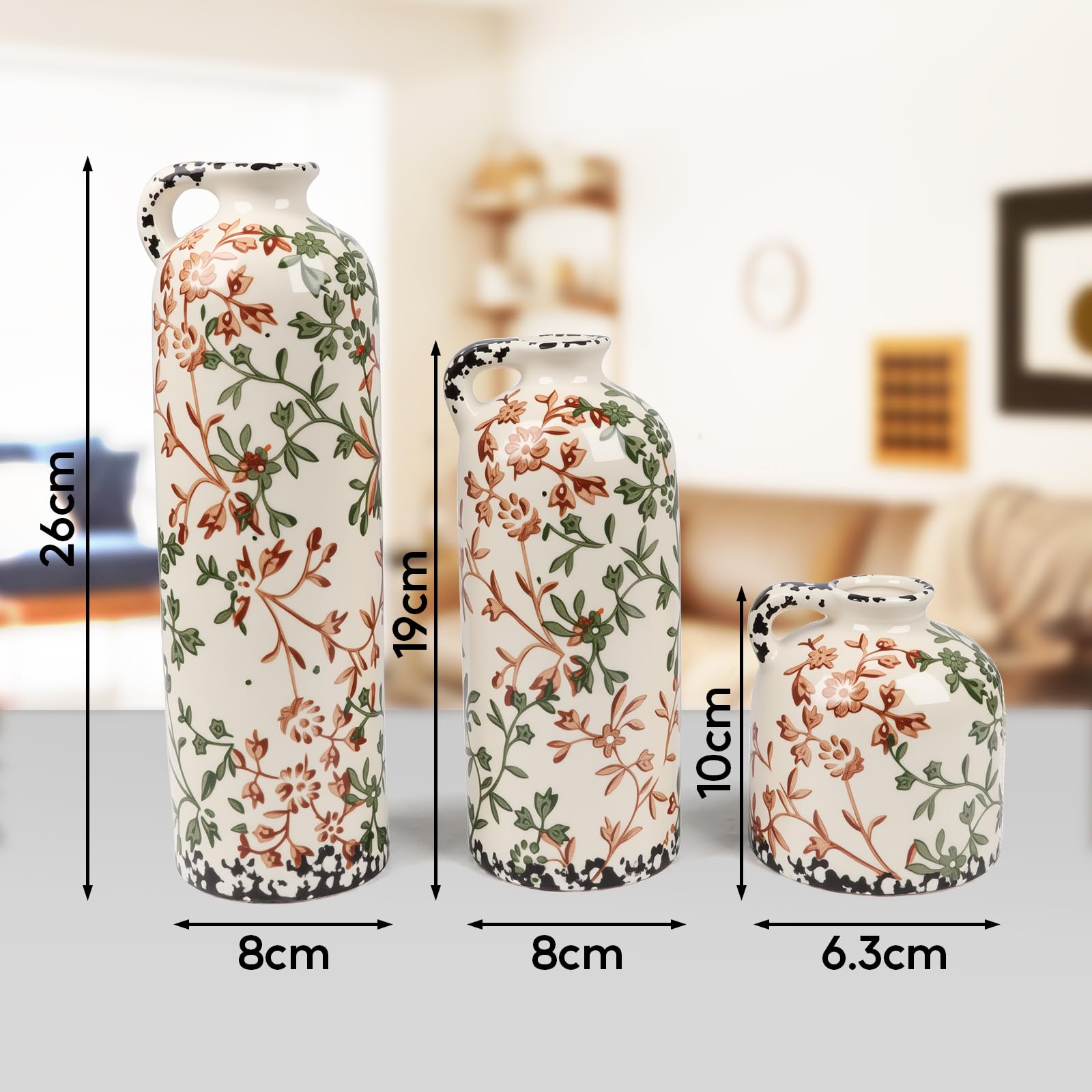 Keramik Vasen Set 3er Vintage Landhausstil, Blumenvase Groß & Klein mit Blumenmuster, Wasserdicht Dekorative Vase für Pampasgras & Trockenblumen, Rustikale Tischdeko Wohnzimmer Deko (Beige Floral)