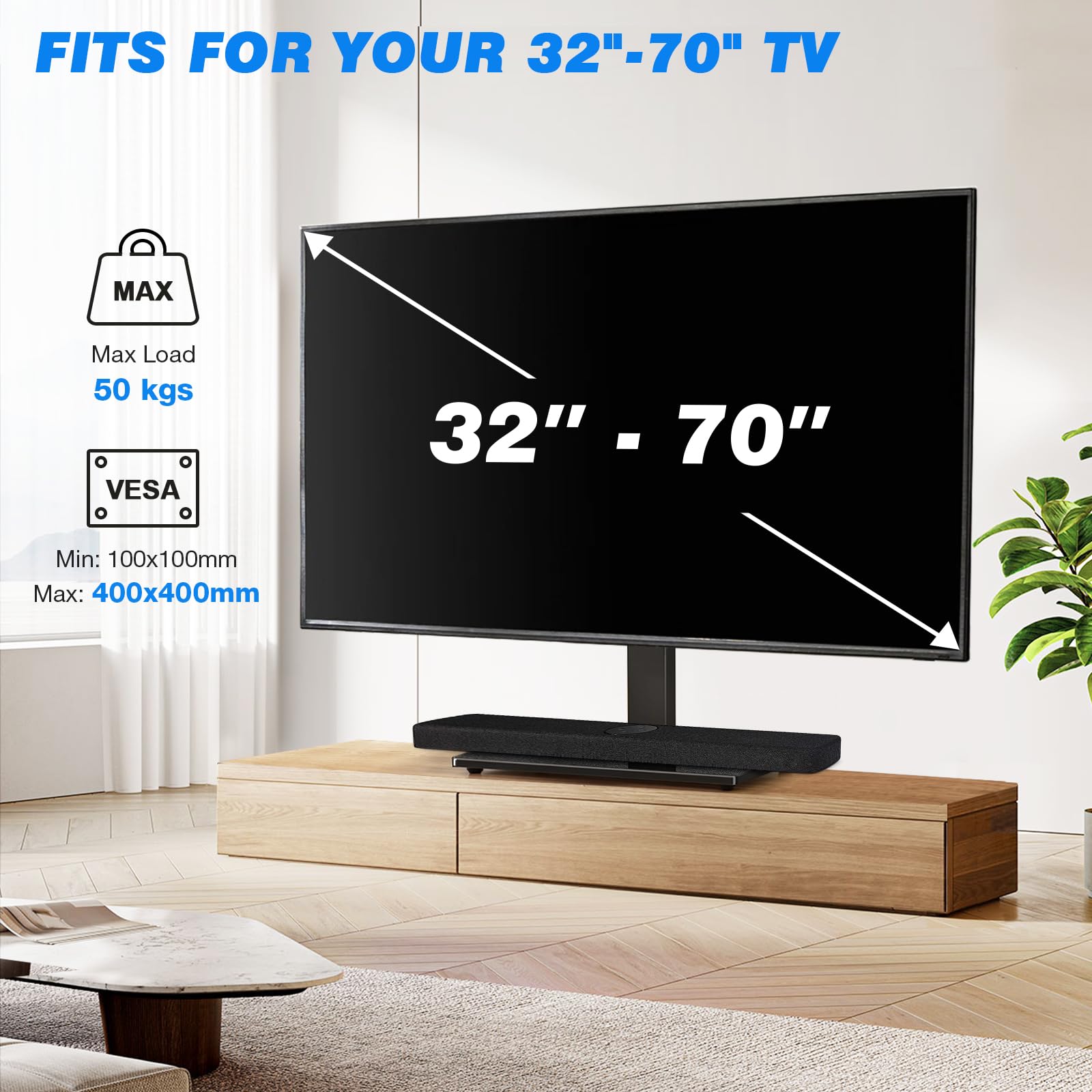 Support TV de Bureau 5Rcom pour Téléviseurs 32-70 Pouces, Capacité 40KG, Base en Verre Trempé Réglable en Hauteur, Support Universel pour Salon/Chambre, VESA Max 400x400mm