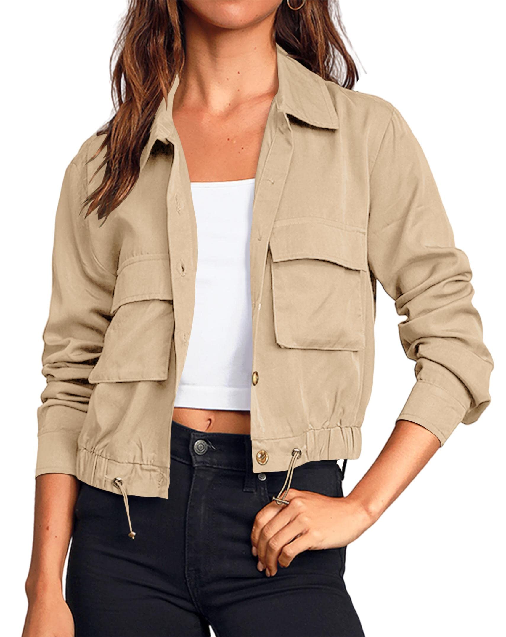 OnedreamerWomen's Military Safari Cropped Jackets Button Down Lightweight Oversized Utility Anorak Coat with Pockets