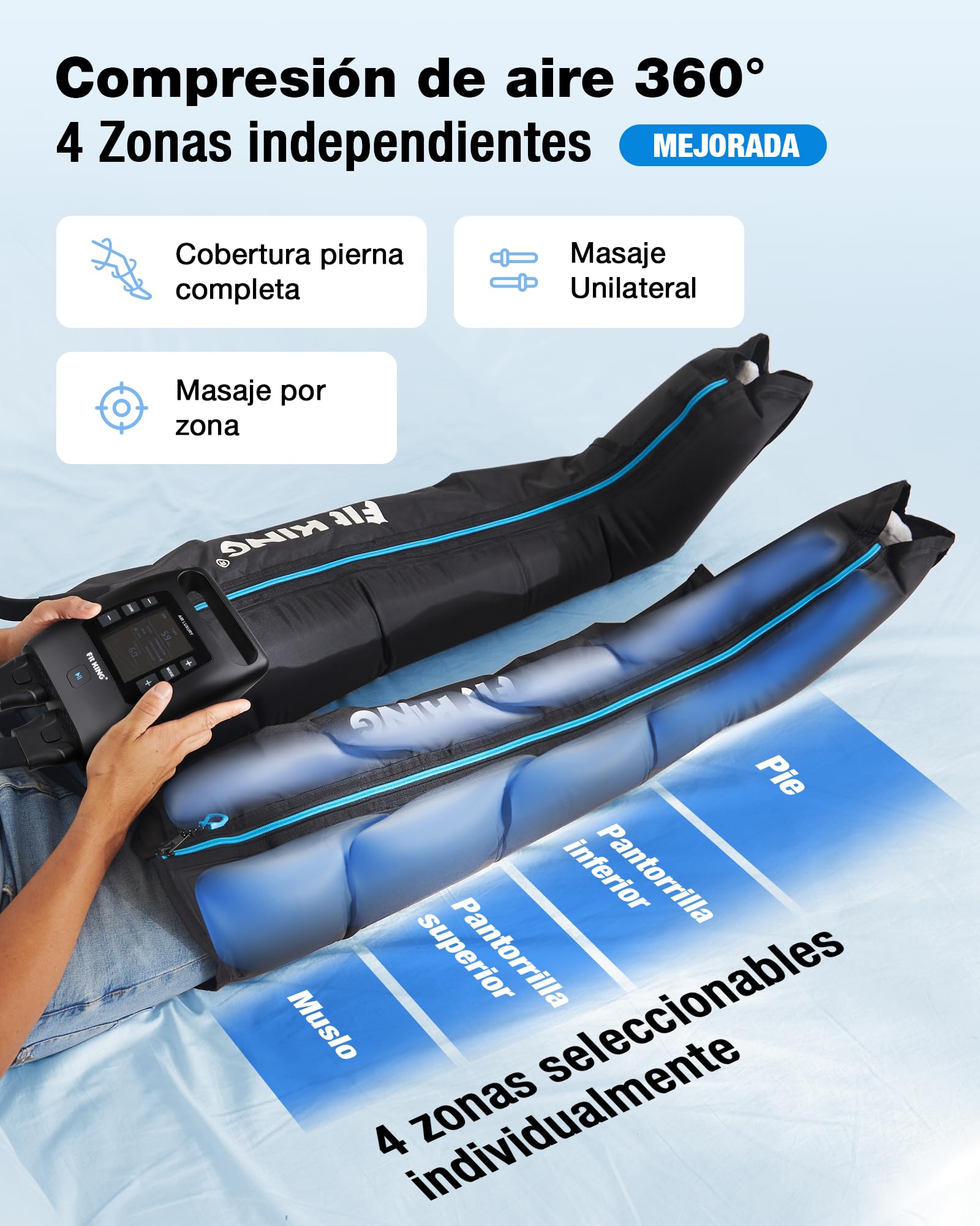 FIT KING botas presoterapia piernas, control de 4 zonas recargable (S) | Presoterapia para casa 12 intensidades 3 modos para pies pantorrillas y muslos Recuperación post-entreno y relajación diaria