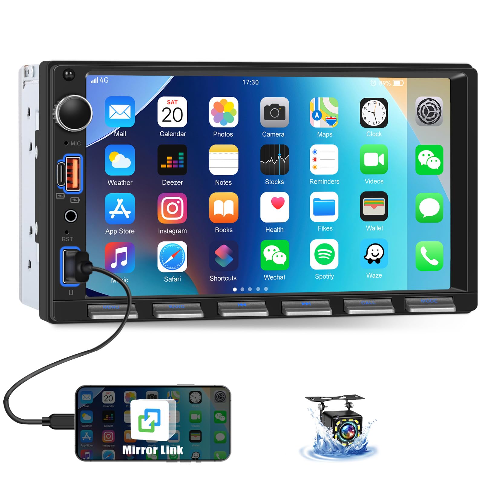 OiLiehu Pantalla 7 Pulgadas 2 DIN Radio Coche Bluetooth con Enlace Espejo, FM Radio, Control del Volante, Camara Marcha Atras, EQ, Entrada USB, Tipo C, Botones Coloridos, Auxiliar y Toques de Piano