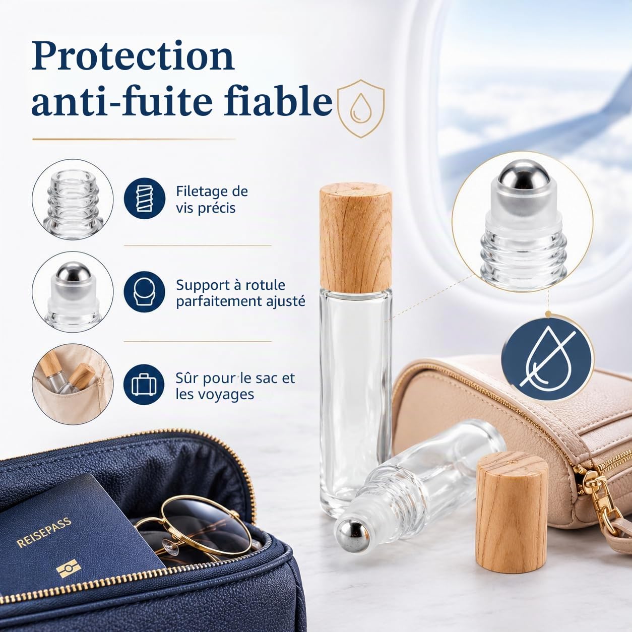 CYEER 24 Flacons Roll On Vide 10ml, Bouteilles en Verre Transparent avec Billes en Acier Inox et Bouchons Aspect Bois, Kit DIY pour Huiles Essentielles, Parfum, Aromathérapie et Voyage