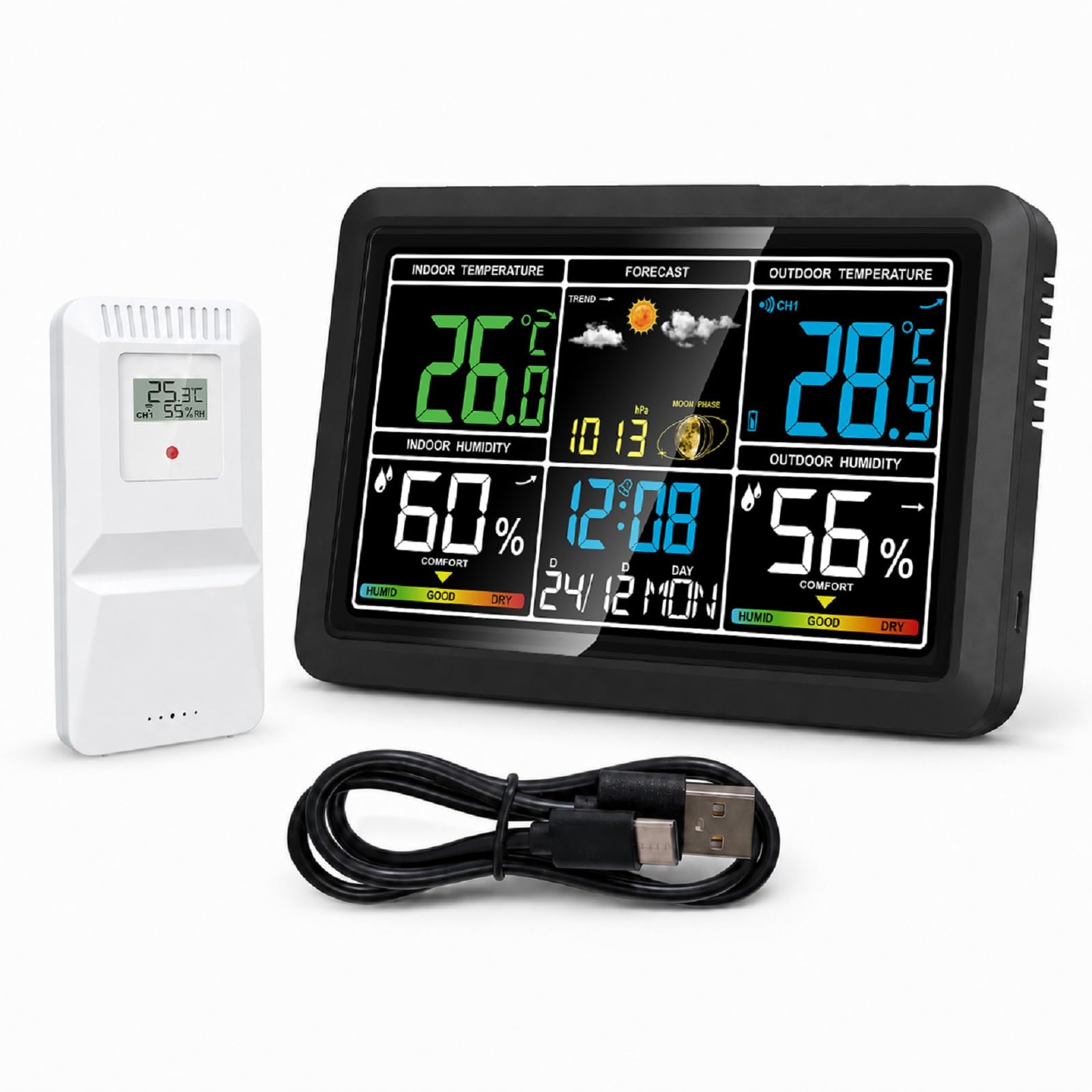 Wetterstation Funk mit Außensensor, Innen- und Außentemperatur, Luftfeuchtigkeit, Wettervorhersage, Luftdruck, Mondphase, Wecker mit Schlummerfunktion, für Wohnzimmer, Schlafzimmer und Garten.