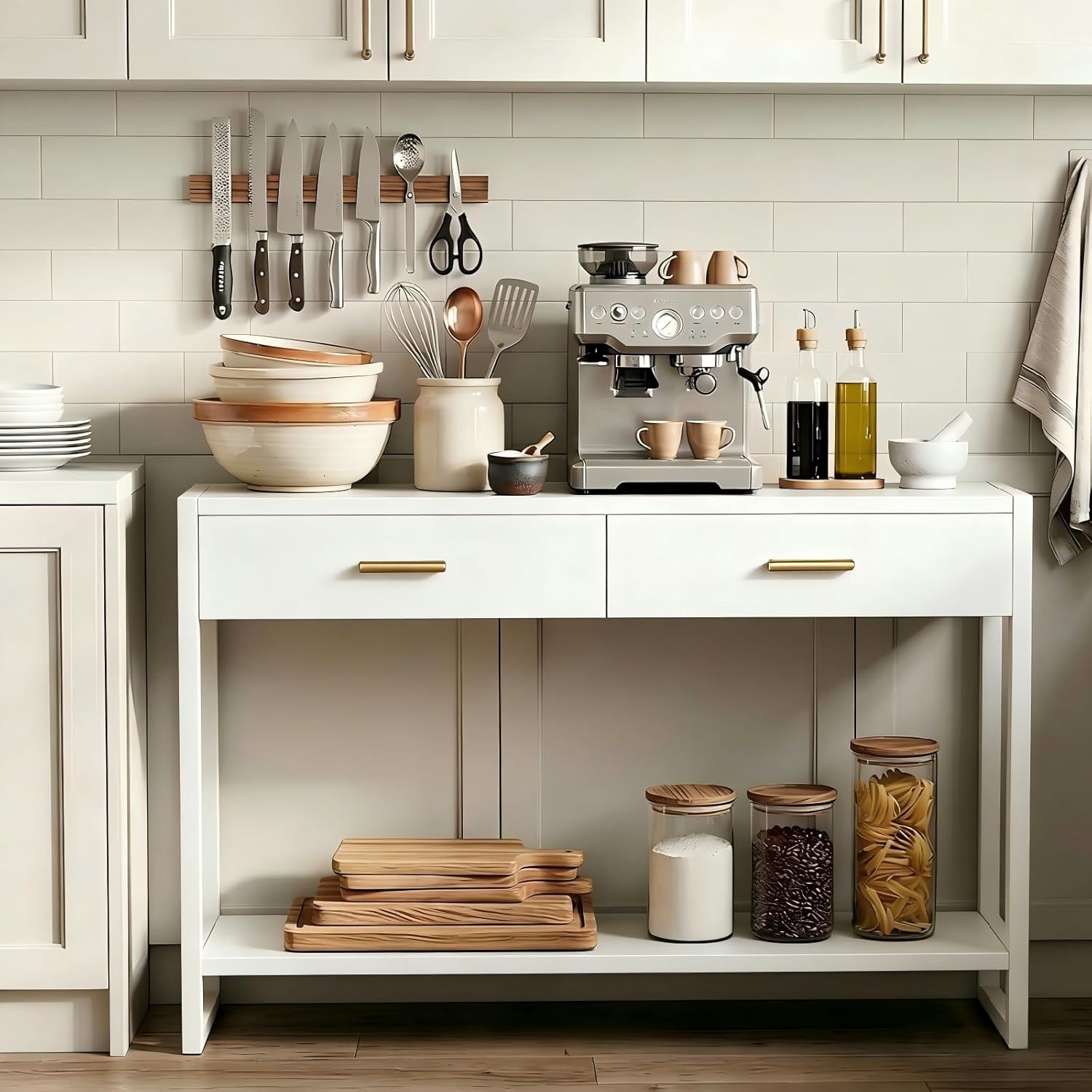 Slim Entryway Console Table with Foot-Sensor Light - 2 Deep Drawers & Open Center Shelf, Reinforced Legs & Comfortable Metal Handles, Multi-Scene Use for Hallway/Living Room/Small Apartment