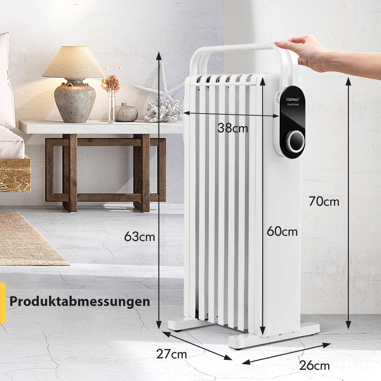 COSTWAY Grzejnik olejowy 1500 W, 7 żeberek, grzejnik 5-35°C, ogrzewanie elektryczne, 3 stopnie ogrzewania, mobilny z kółkami, zabezpieczenie przed przegrzaniem