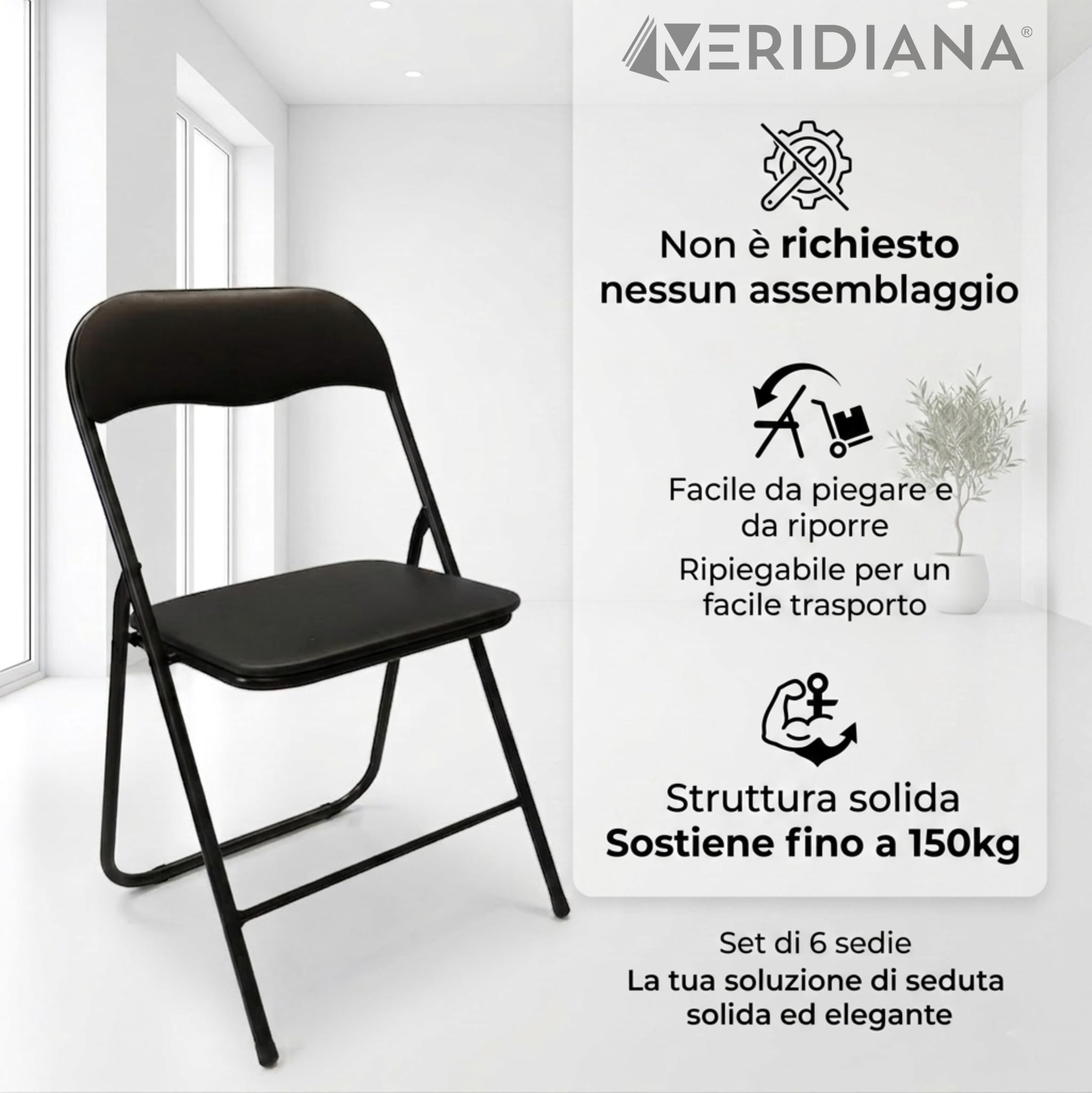 Meridiana Set 6 sedie Pieghevoli in Metallo con Seduta in Ecopelle, sedia pieghevole, salvaspazio, per Casa, Ospiti, ufficio, sedie pieghevoli da interno e Campeggio