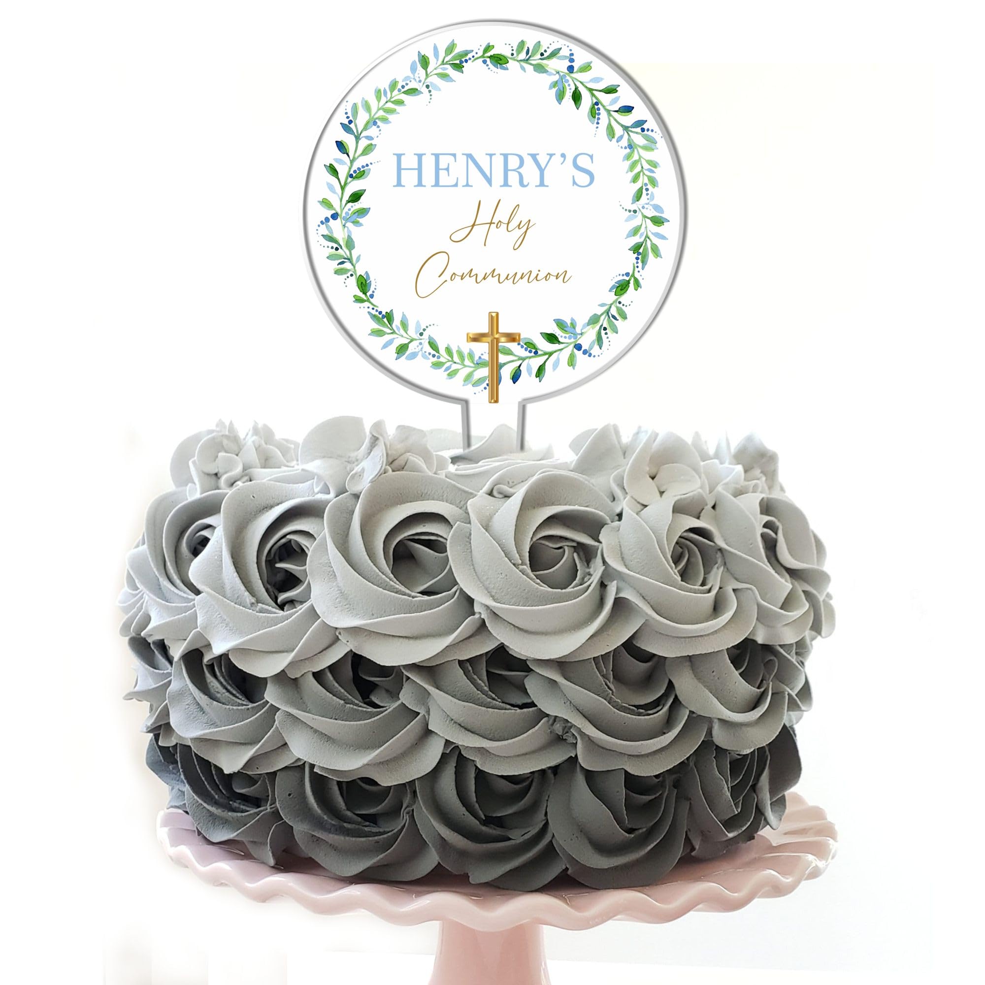 Personalised Acrylic Cake Topper for Christenings Confirmations Holy Communions – Custom Child’s Name & Date with Floral Wreath in 6 Designs (Holy Communion, Blue & Green Wreath)