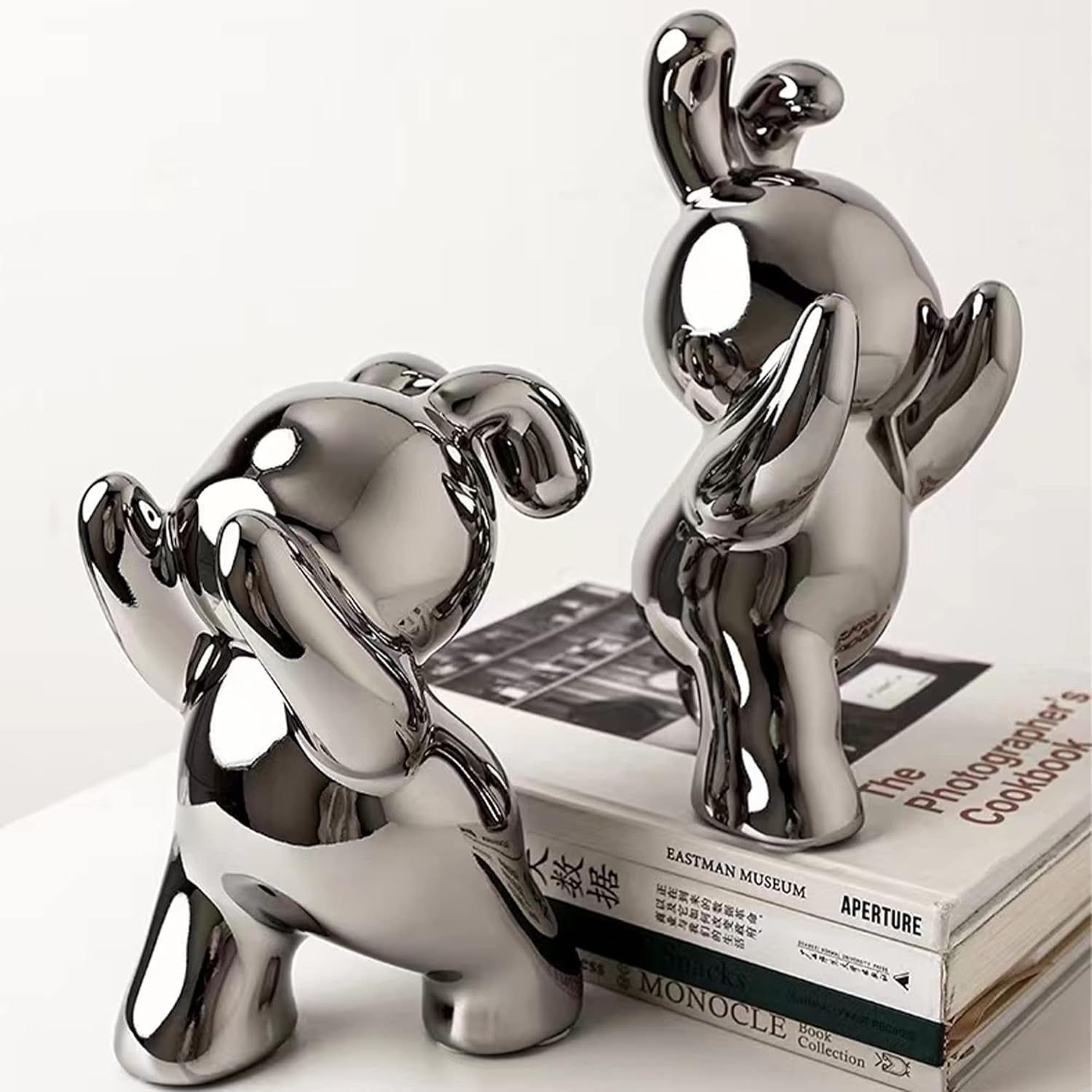 Linxia 2 Pcs Bunny Book Ends for Shelves Ceramic Animal Figurine Stands Organizer Heavy Duty to Hold Books/Movies/CDs/Video Games Silver-Plated Rabbit Home Decor