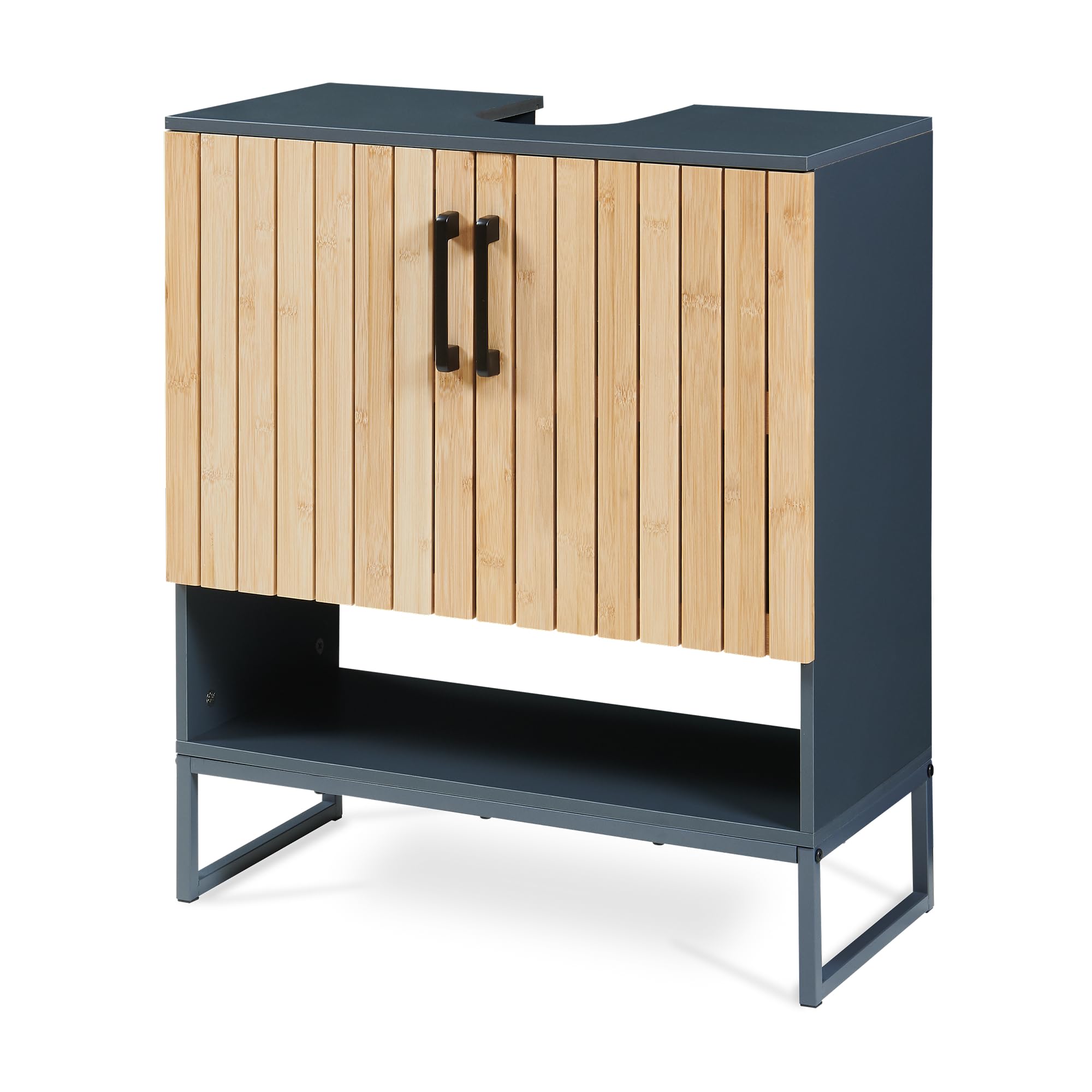 [en.casa] Meuble sous Lavabo Svanes avec 2 Portes à Lattes 2 Compartiments Intérieurs Étagère Inférieure Meuble sous Vasque Salle de Bain WC Bambou 70 x 60 x 30 cm Gris Foncé Naturel