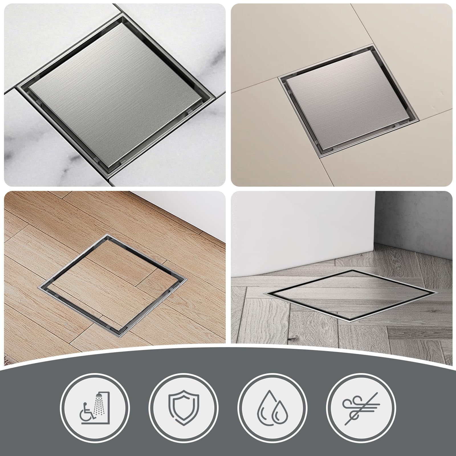 EFUTURETIME 20x20cm Caniveau de Douche Carré INOX, Siphon de Sol Douche Italienne à Carreler avec Raccord DN50/DN40 Bonde Douche Extra Plate Siphon à 360° avec Anti-Odeurs et Filtre à Cheveux