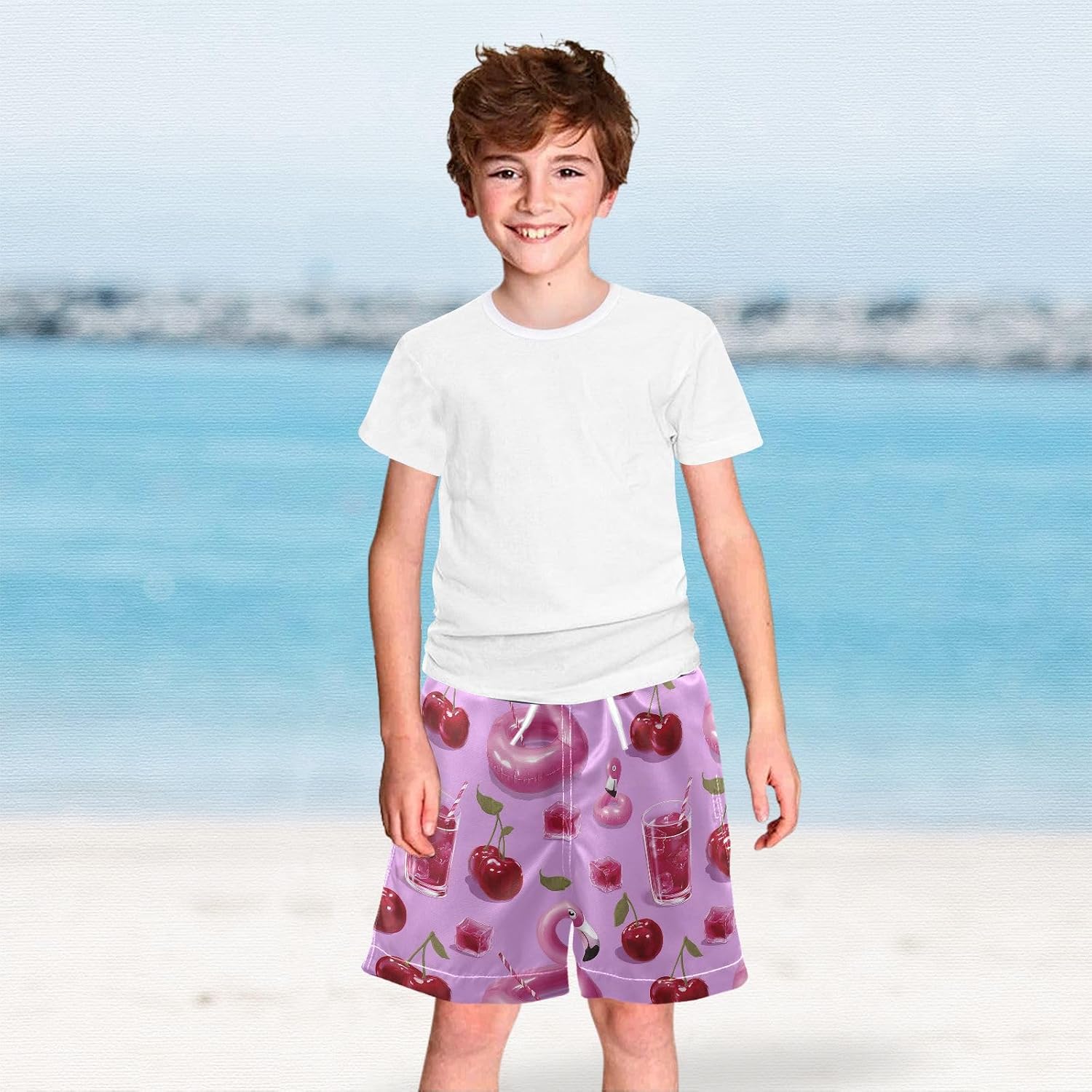 visesunny Flamingo Cherry Juice Boys Swim Trunks Quick Dry Drawsting Boy's Beach Shorts Boy Bathing Suit with Pockets