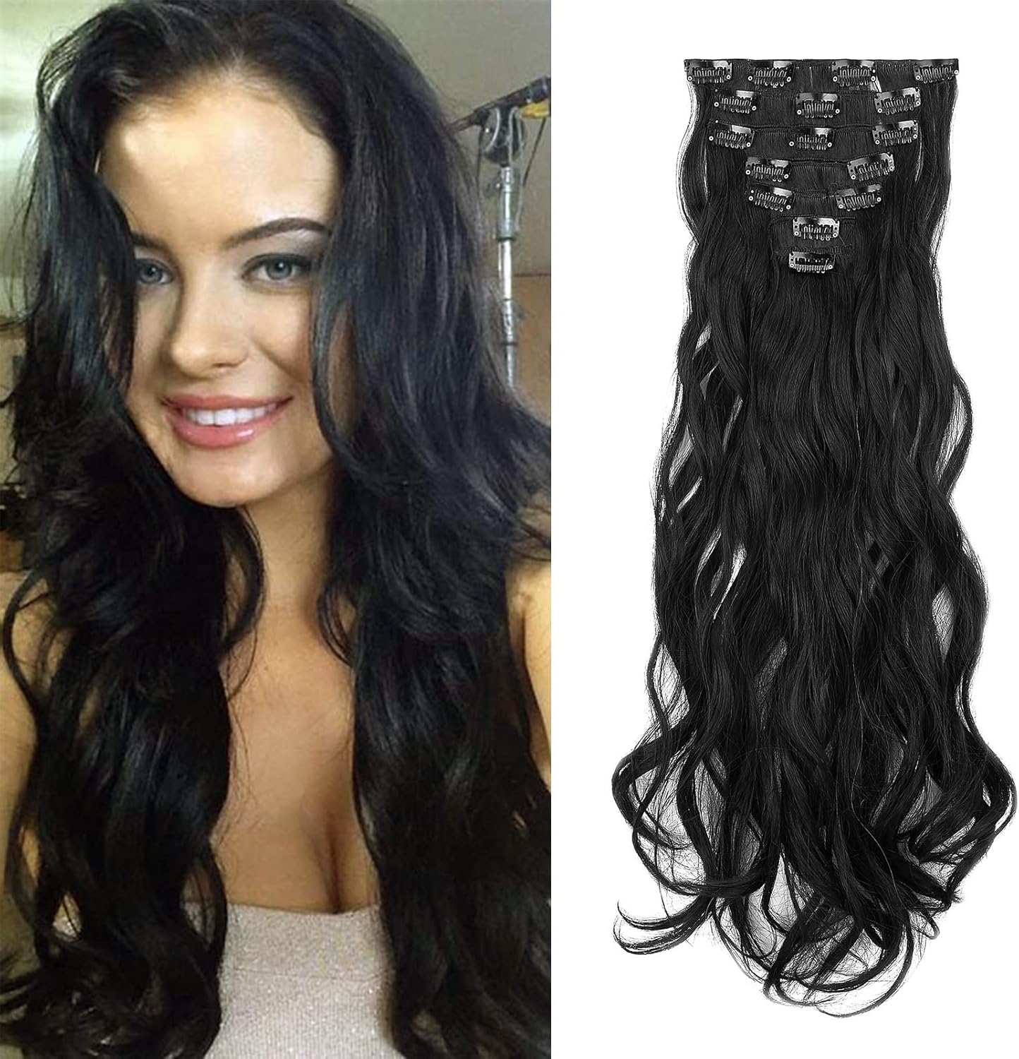 MISS LIRENN® Wavy Curly 16 Clip-in Hair Extensions, 24 Inch Length, 7 Pieces Full Head Set Very Soft Hair Extension, Black Color, 165 Gram Weight (Black)