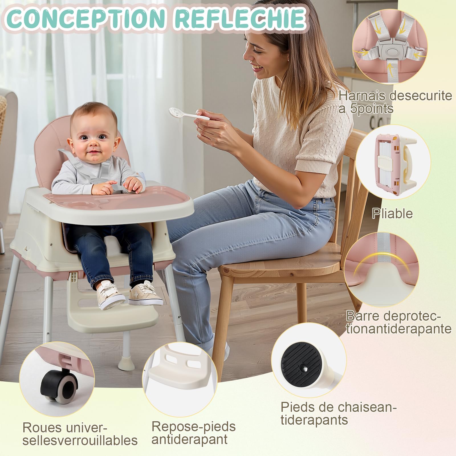LEADZM Chaise Haute Bébé 4 en 1, Convertible en SUV Yokogawa et Trotteur, Plateau Double Amovible avec Roulettes Pivotantes, Charge Maximale 15 kg, Convient aux Bébés de 6 Mois et Plus (Rose)
