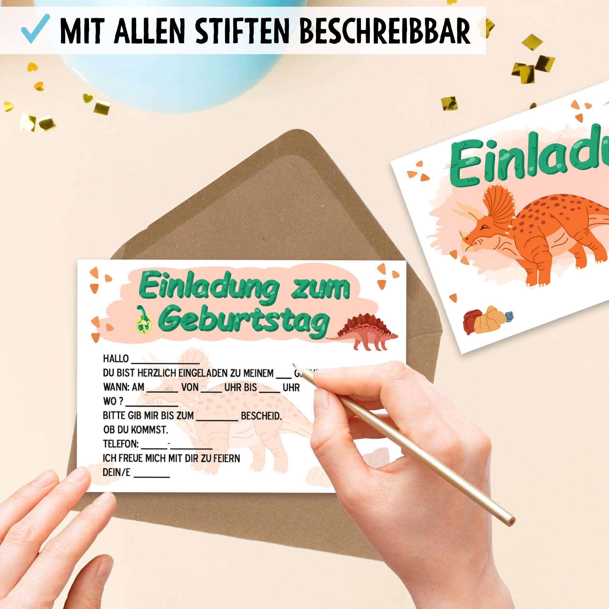OWLBOOK Triceratops 50 Einladungskarten Kindergeburtstag Junge Jungs Dino Dinosaurier - Geburtstageinladungskarte für Jungen - Kinder Geburtstag Einladungen zur Geburtstagsfeier zum ausfüllen mit