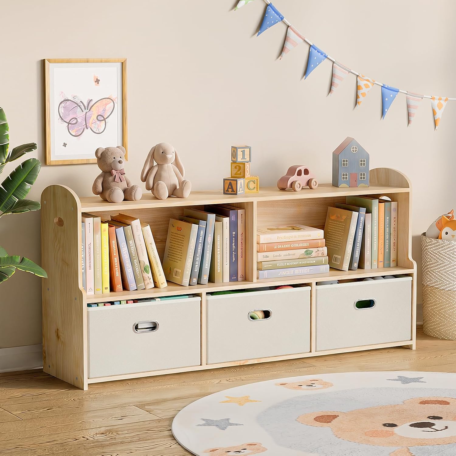 HAVLOTII Montessori Regał – drewniana szafka do przechowywania z 3 pojemnikami, organizer do przechowywania zabawek i regał na książki dla dzieci