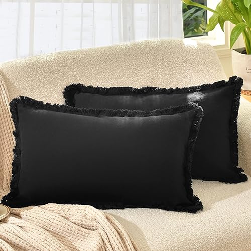 Vista 96 de ZWJD Juego de 2 fundas de almohada de 18 x 18 pulgadas, fundas de almohada blancas con flecos, de algodón, decorativas, cuadradas, para sofá, cama