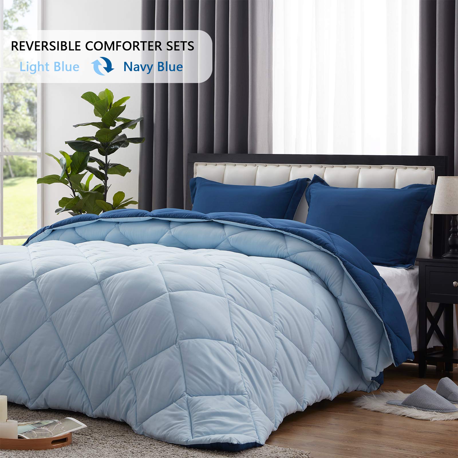 NexHome Lightweight Comforter Set Twin Size, Down Alternative Solid Comforter Set Thin Microfiber Reversible Summer Bedding Comforter with 1 Pillow Sham (Twin/Twin XL, Navy Blue/Light Blue)