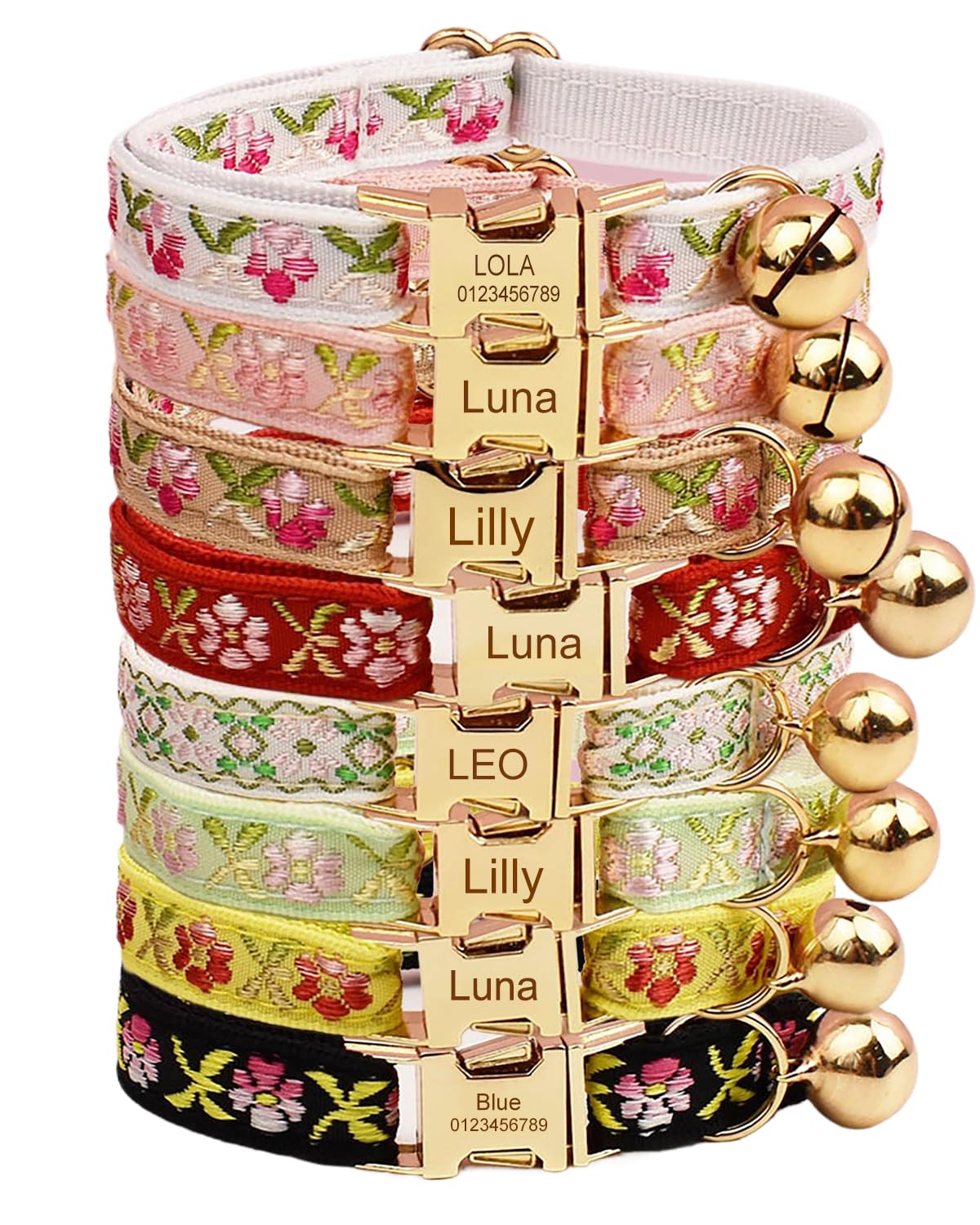 Personalized Cat Collar with Name Phone Number Engraved, Metal Buckle Kitten Collar, Soft, Adjustable (Floral Jacquard)