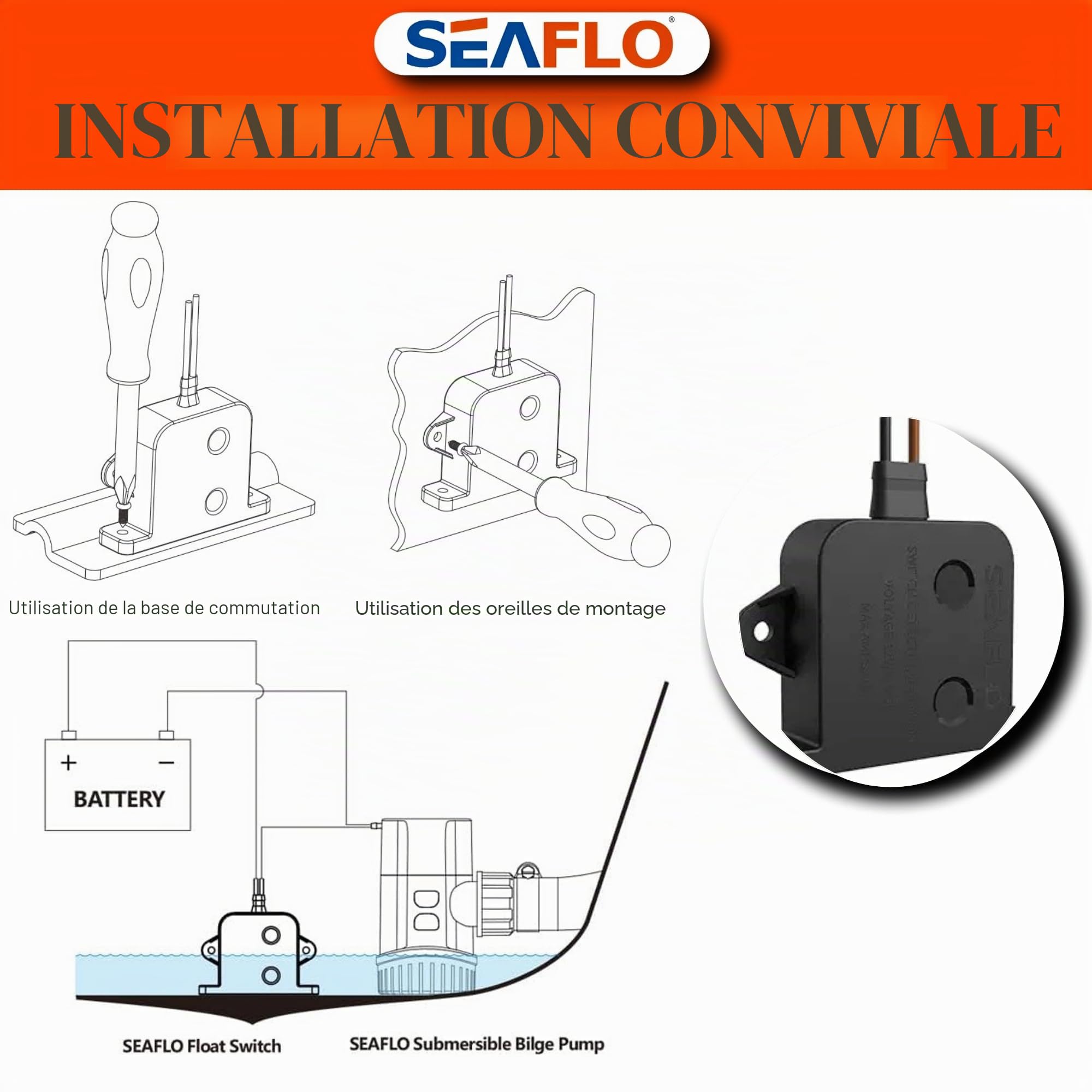 SEAFLO Interrupteur de pompe de cale électrique à semi-conducteurs 20 A, 12/24 V – Capteur de niveau d'eau intelligent, sans pièces mobiles, garantie 4 ans