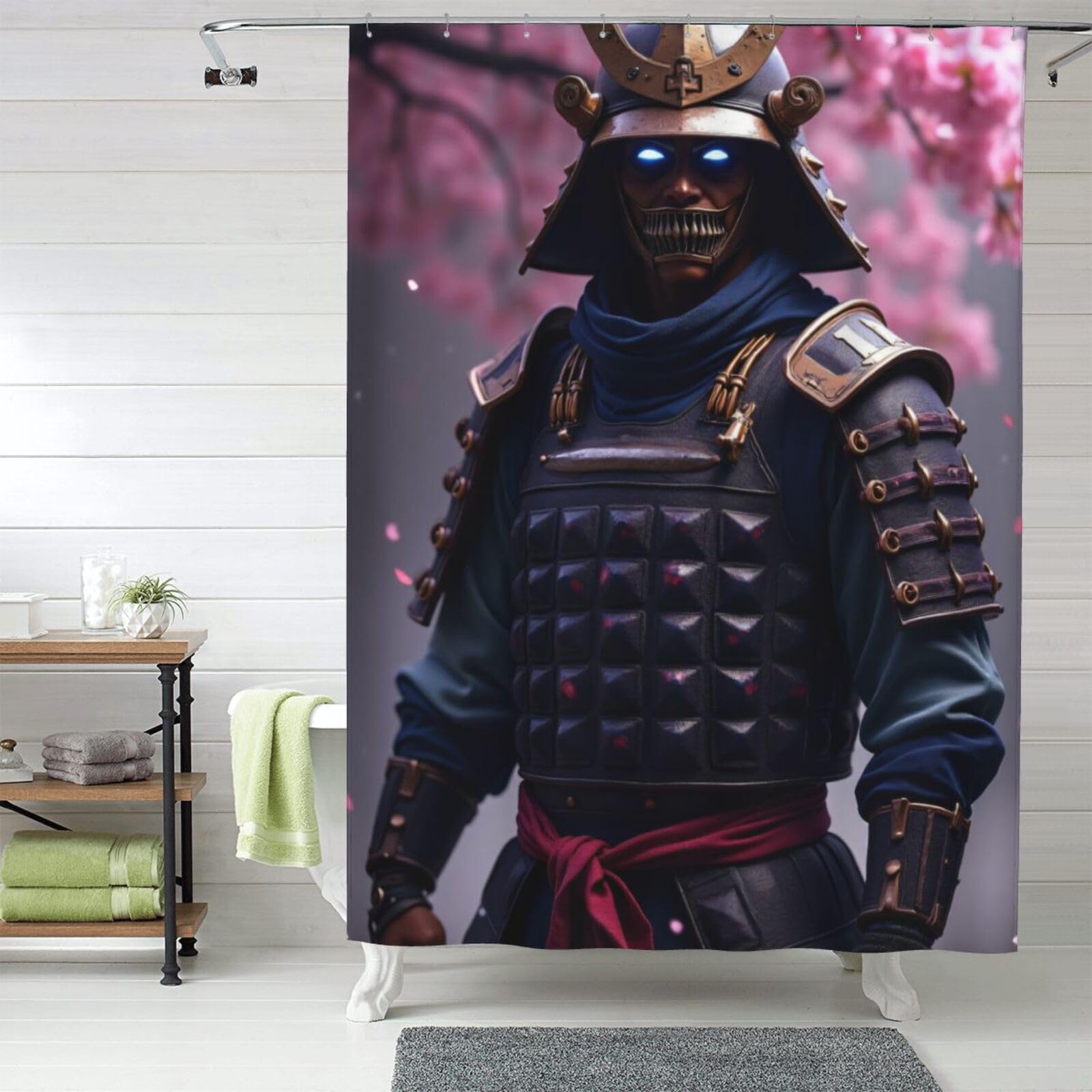 Rideau de douche en tissu motif samouraï opaque 152x183 cm avec crochets inclus pour salle de bain