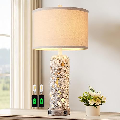 RORIANO Lámparas de mesa rústicas de granja para sala de estar, dormitorio, lámpara de noche vintage con doble puerto USB, lámparas retro de resina