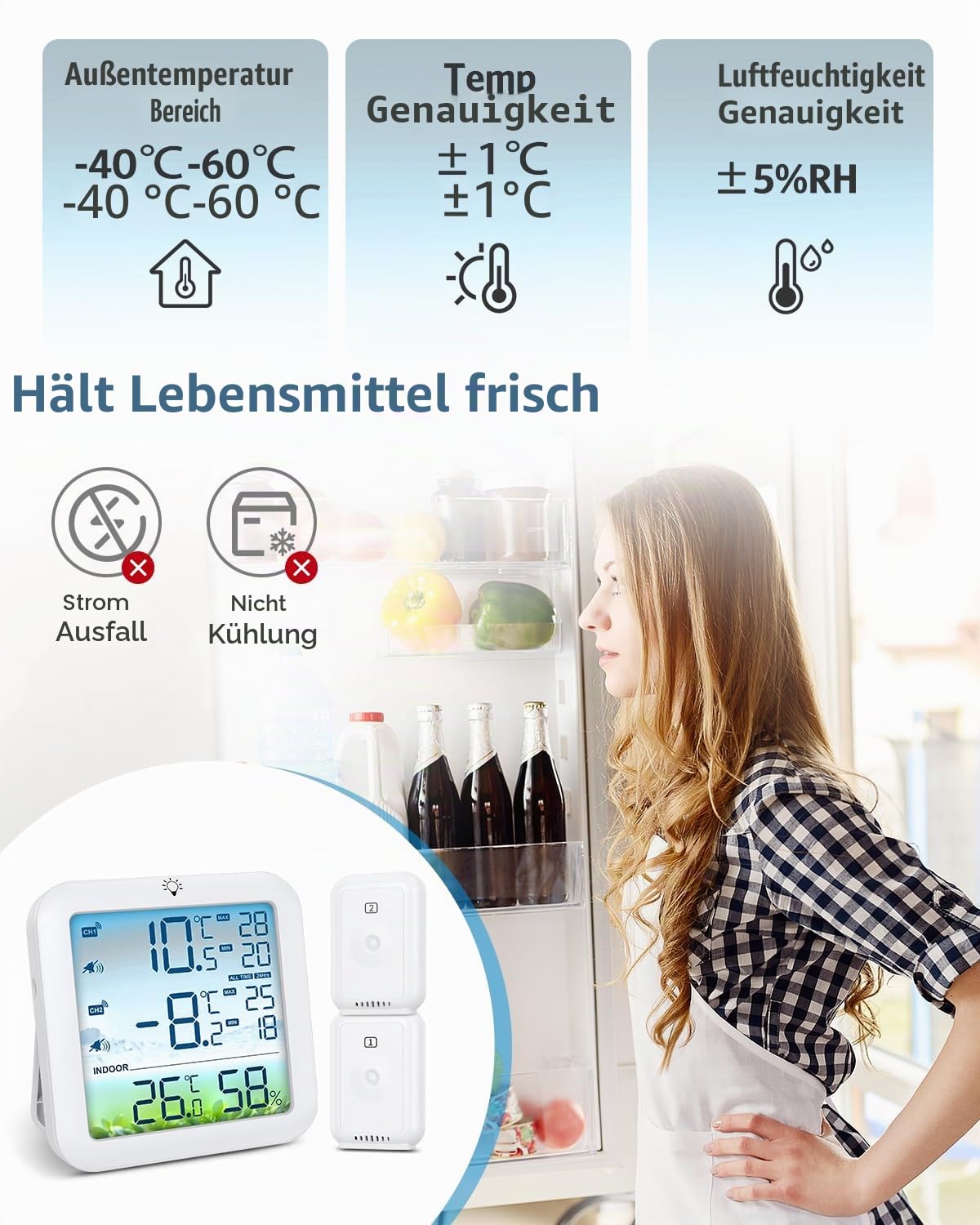 Digitale Kühlschrankthermometer,Temperaturalarm Farbbildschirm Anzeige mit 2 kabellosen Sensoren,℃/℉,MIN/MAX,Hausgebrauch Innen und Restaurant
