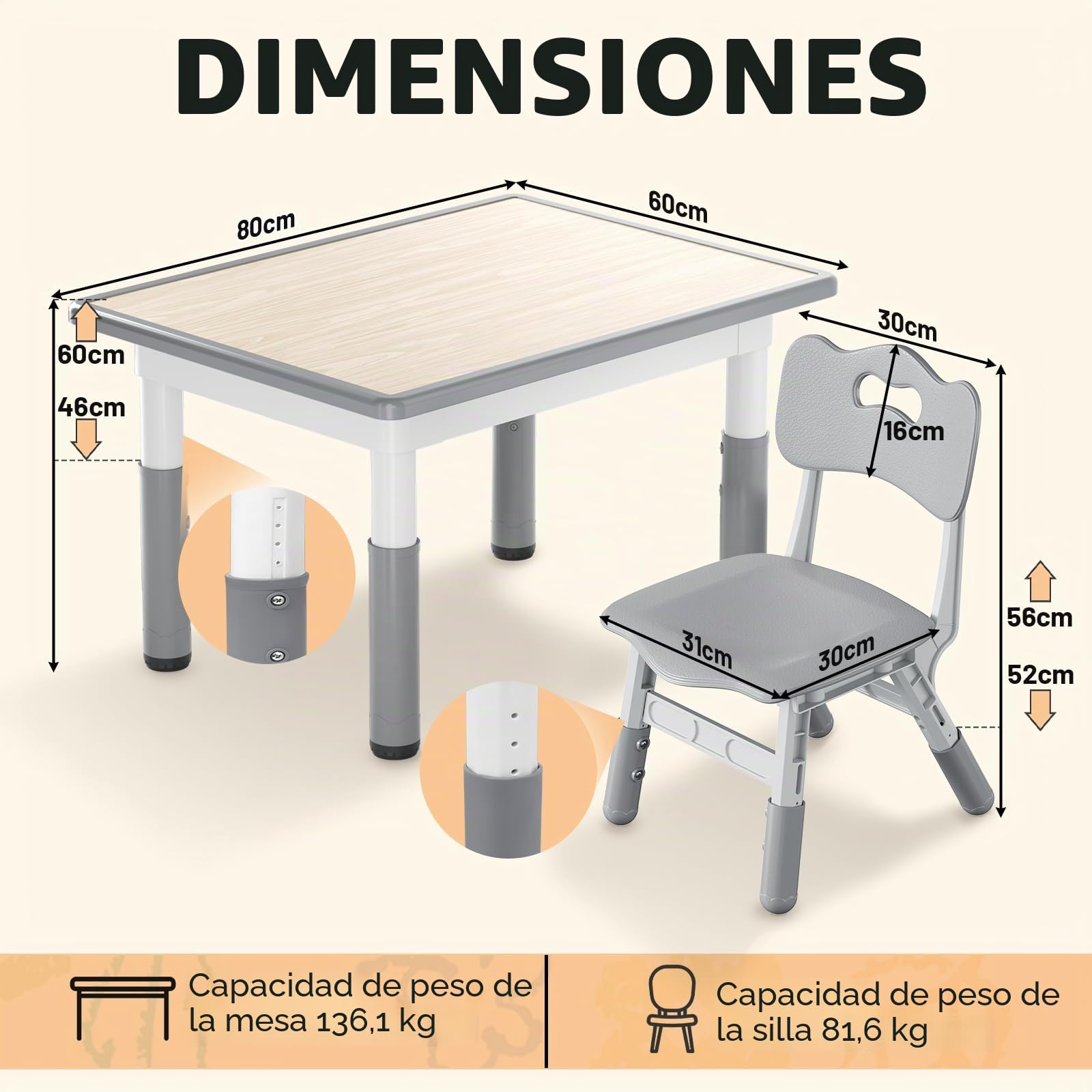 Mesa infantil con 2 sillas, grupo de asientos para niños, altura regulable de HDPE y ABS, mesa de juegos multifuncional para niños a partir de 2 – 10 años, juego de sillas ergonómicas para