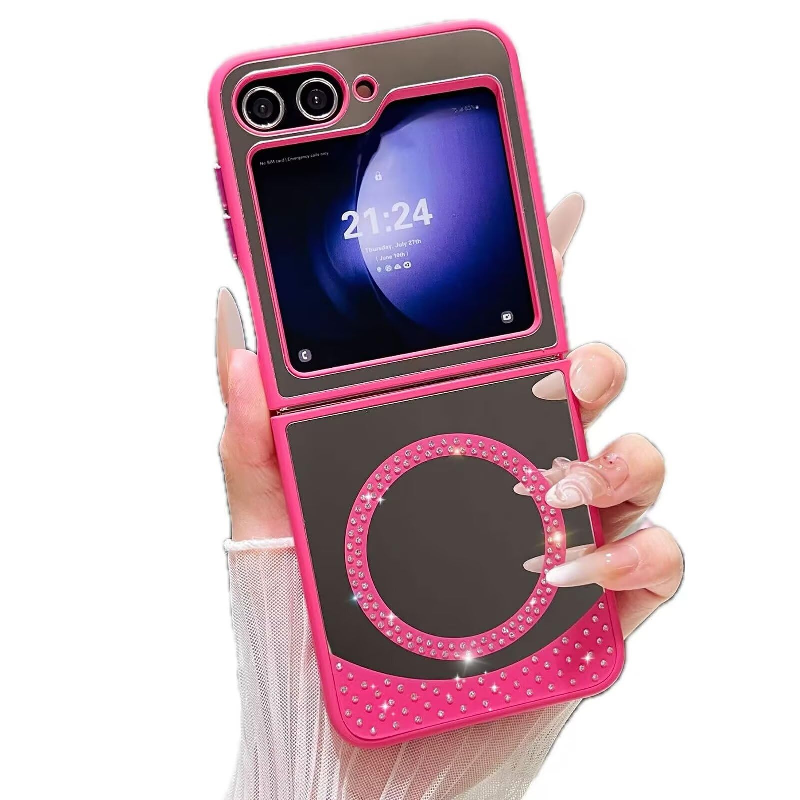 Rnrieyta Miagon Mirror Magnetic Glitter Case for Samsung Galaxy Z Flip 6,Diamond Bumper [Compatible with Magsafe] Makeup Mirror Effect Bling Cover