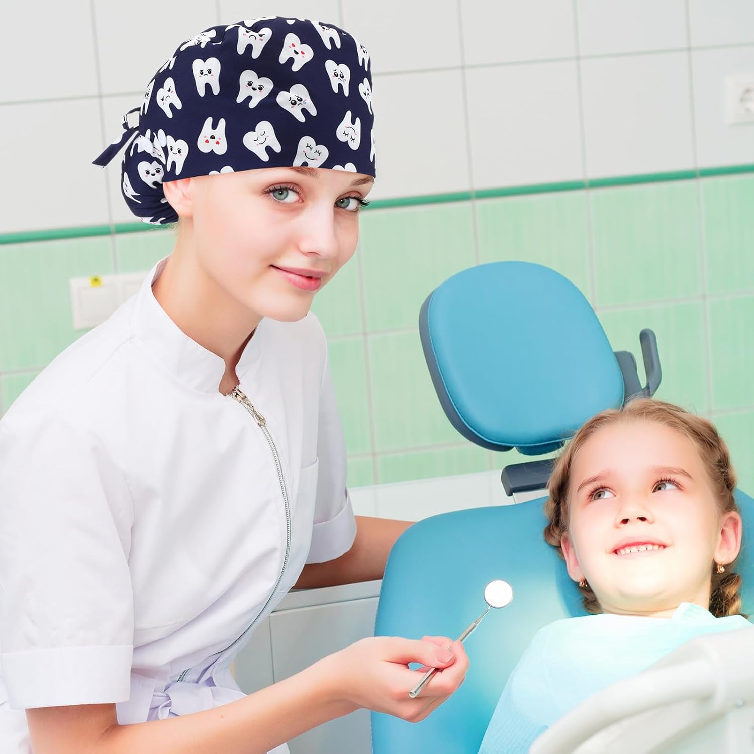 12 Pcs Dental Scrub Cap for Women Nurse Cap with Button Adjustable Dentist Surgical Hat Long Hair Ponytail Pouch Hat