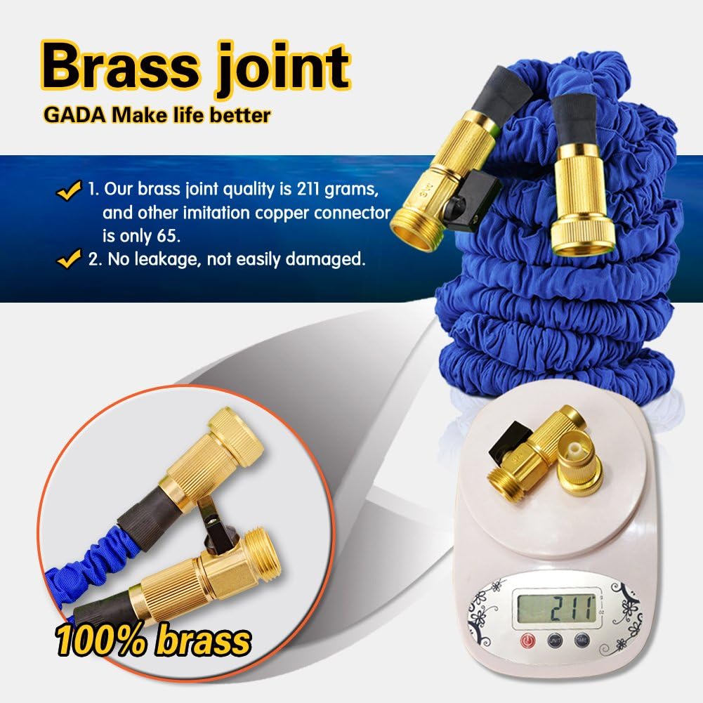 Gada Expandable Garden Hose 100 FT Blue, 3/4’ Solid Brass Connector Flexible Water Hose with Pocket Hose Spray Nozzle Magic Expanding Water Hose for Pet Showel and Watering