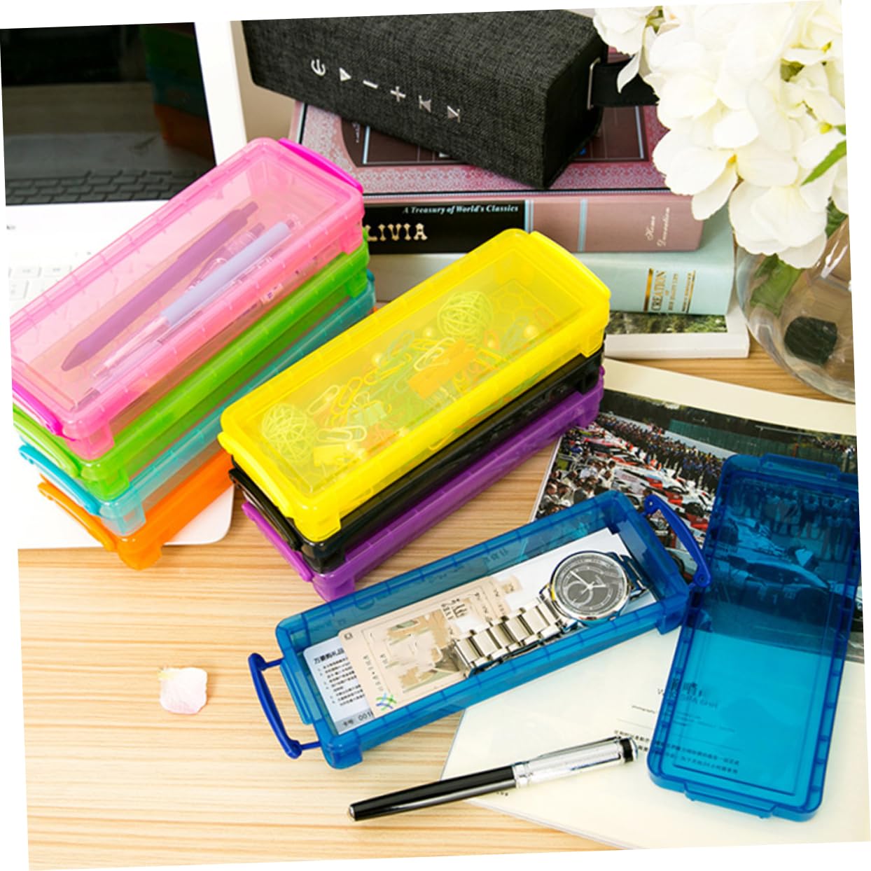NUOBESTY Set di 8 Scatole Porta Oggetti in Plastica Traslucida per Cancelleria, Organizer per Penne e Matite, Capacità per Scuola e Ufficio, Ordine sulla Scrivania