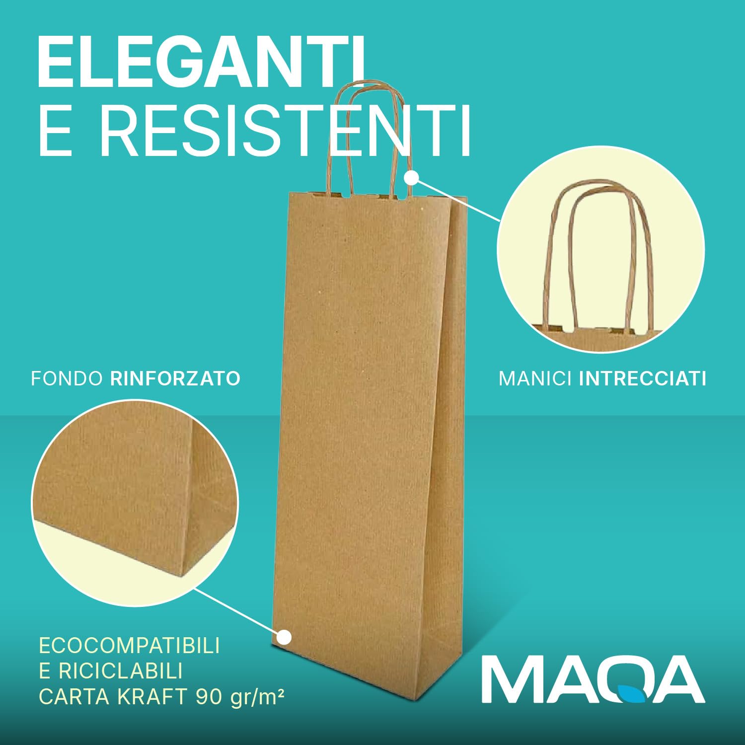 100 Sacchetti Porta Bottiglie Vino in Carta Kraft, 14 x 8.5 x 39.5 cm - Shopper Regalo Porta Bottiglie, Manici Rinforzati, Buste per Vino, Champagne, Birra - Carta Riciclata Ecologica e Robusta, Avana