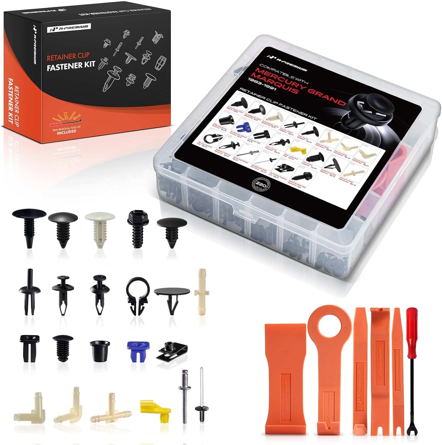 A-Premium 220 PCS 22 Sizes Car Retainer Clip Kit Compatible with Mercury Grand Marquis 1983-1991 Bumper Fender Hood Door Auto Push Pin Plastic Rivet Fastener Replacement Set, w/Removal Tool