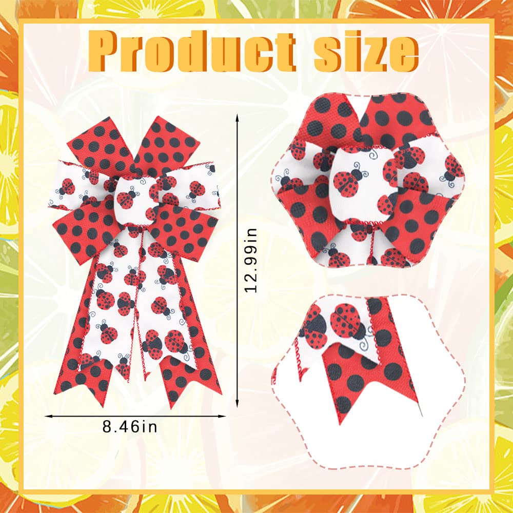 ALIBBON 2Pcs Ladybird Bows for Wreaths, Summer Wreath Bows, Red Black Dots Bows, Insect Bows for Crafts, Garden Summer Decor, Red White Bows for Wreath Indoor Outdoor Decorations