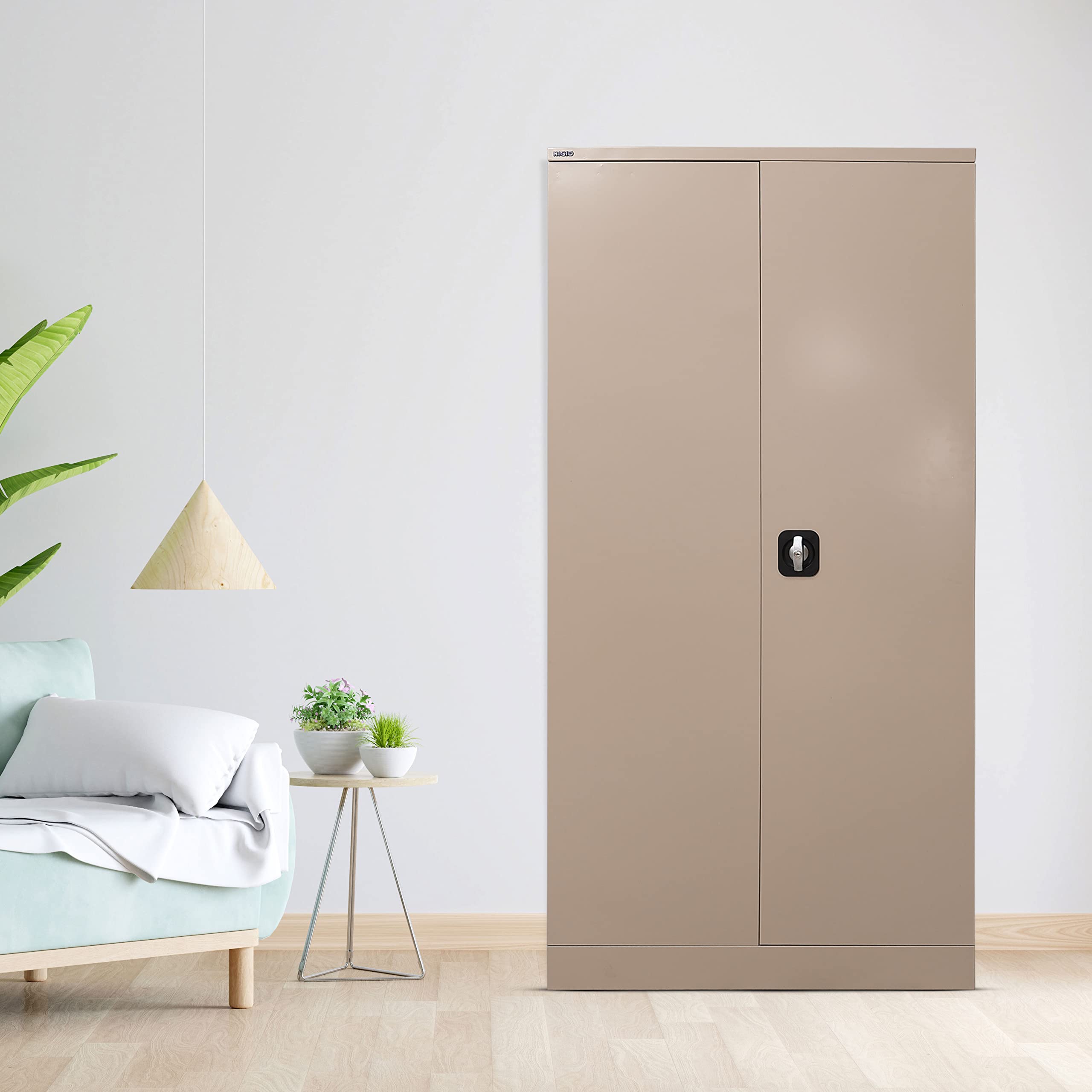 RIGID Steel Home Cupboard with Hanging Rod & Adjustable Shelves | Storage Wardrobe with Flush Key Lock | Durable Metal Almirah for Bedroom, Office & Home Use, (Beige, 45D x 90W x 183H) - Assembled