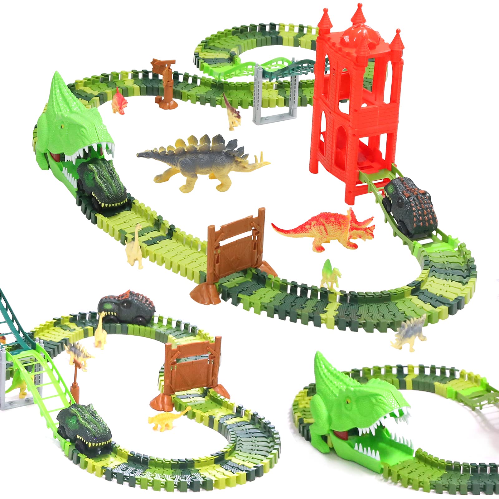 FIRE BULL Dinosaur Toys, 176Pcs for Dinosaur World Race Car Track Train Sets, Flexible Track with 1 Electric Dinosaur Race Cars,6 Dinosaur Toys for 3 4 5 6 Year & Up Old boy Girls Best Gift