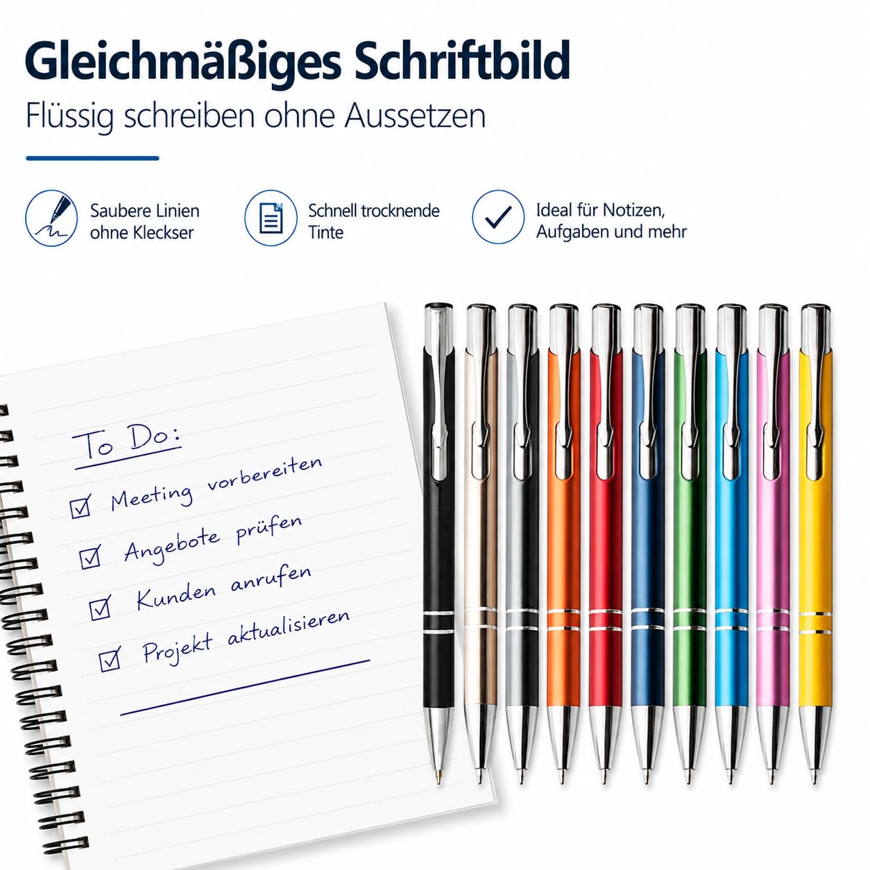 WPRO 100 Stück Metall Kugelschreiber bunt | Blauschreibende austauschbare Großraummine | Metallclip | Hochwertig | Für Büro und Studium
