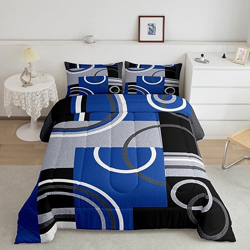 Juego de ropa de cama azul real, negro y gris, juego de edredón de espiral, diseño de rayas abstractas con estampado geométrico a cuadros, edredón