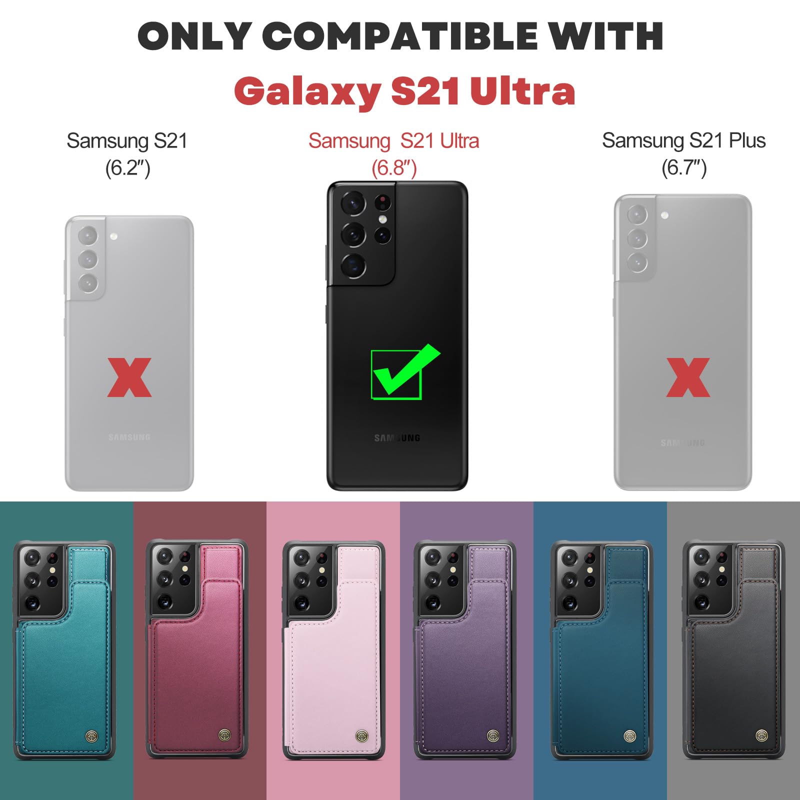 Vinich for Samsung Galaxy S21 Ultra Case with Card Holder, for Samsung S21 Ultra Wallet Case for Women Men with RFID Blocking, Durable Kickstand Shockproof Case for Galaxy S21 Ultra 5G, Black