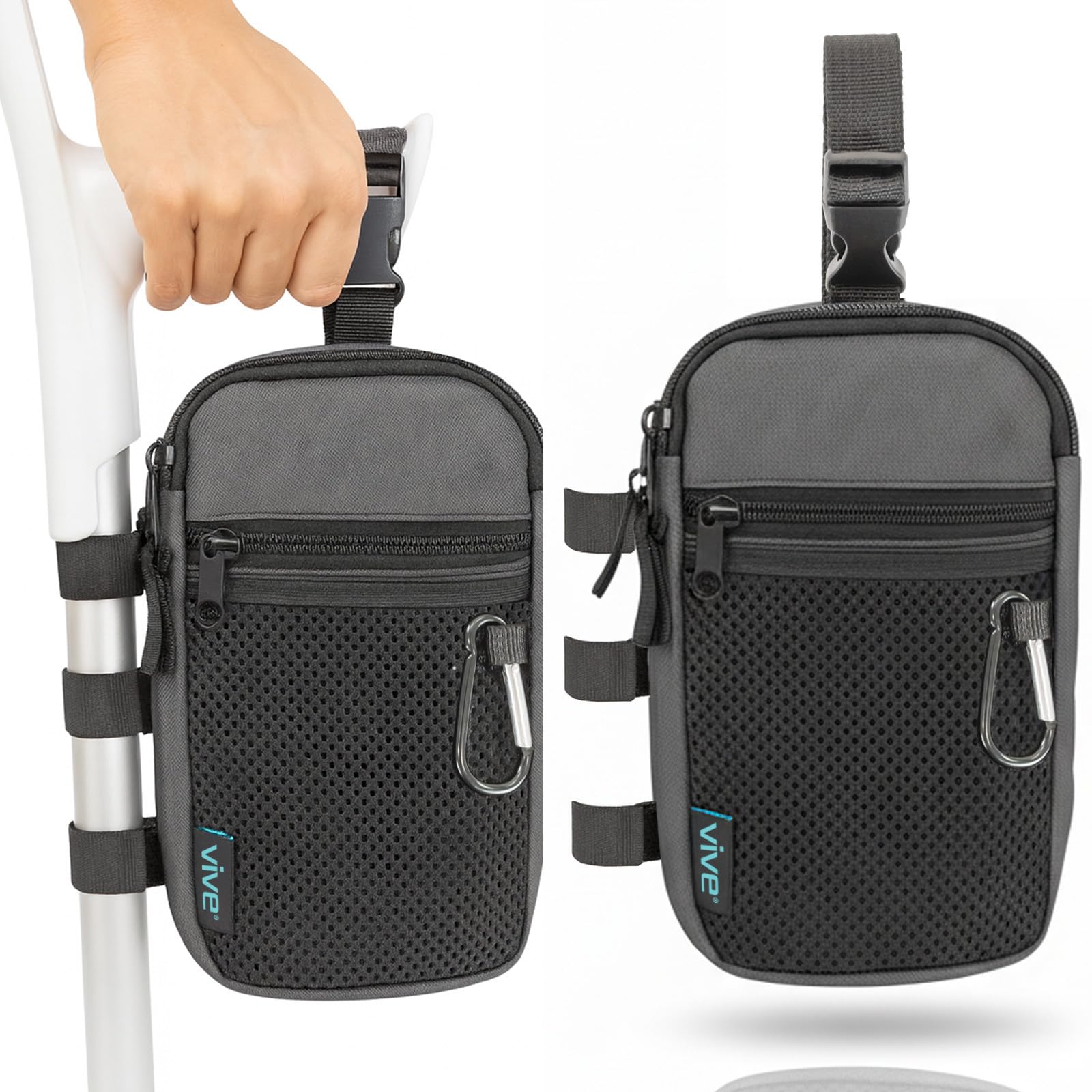 Vive Crutch and Cane Bag - Walking Cane & Forearm Crutches Accesories for Adults - Water Resistant, Lightweight & Adjustable Pouch - Carry Purse w/Water Bottle Holder and Straps - For Men and Women