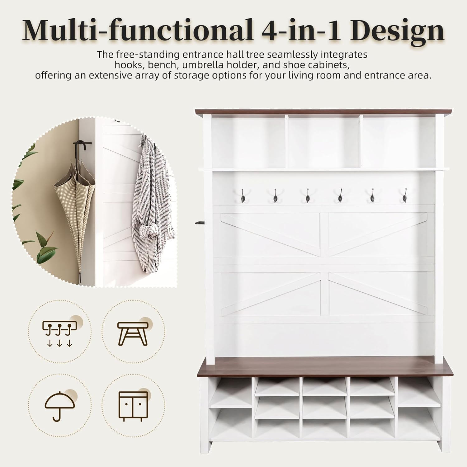 Diagram illustrating the 4-in-1 multi-functional design of the hall tree.