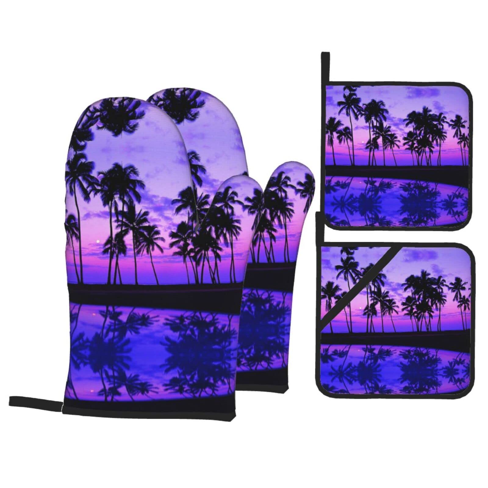 Palm Tree Purple Sunset Oven Mitt and Pot Holder 4-Piece Set for Kitchen, Outdoor Grill, Baking