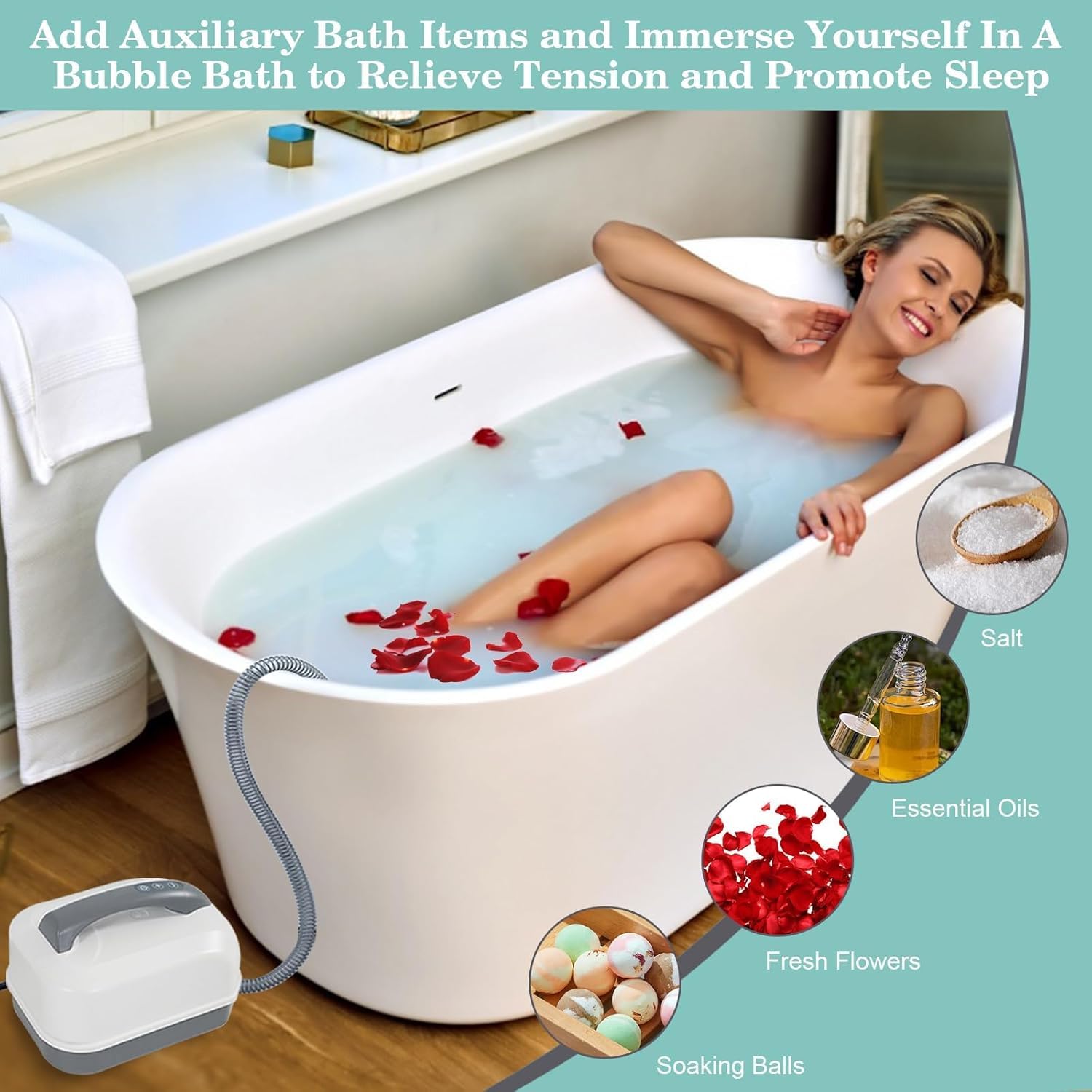 Tapis de bain électrique à bulles – Bulles et chauffage réglables, tapis de massage portable imperméable avec ventouses antidérapantes pour une relaxation complète du corps