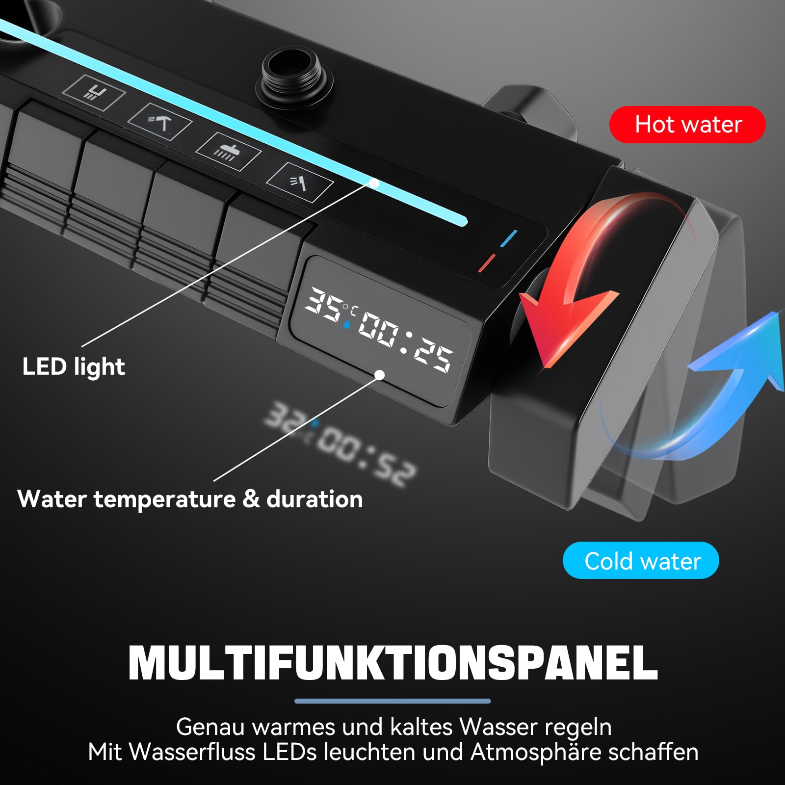 Duschsystem, 4 Strahlarten, Regendusche, Handbrause, Duscharmatur, Wasserhahn, Duschset mit LED-Digitalanzeige, höhenverstellbar, Edelstahl, schwarz