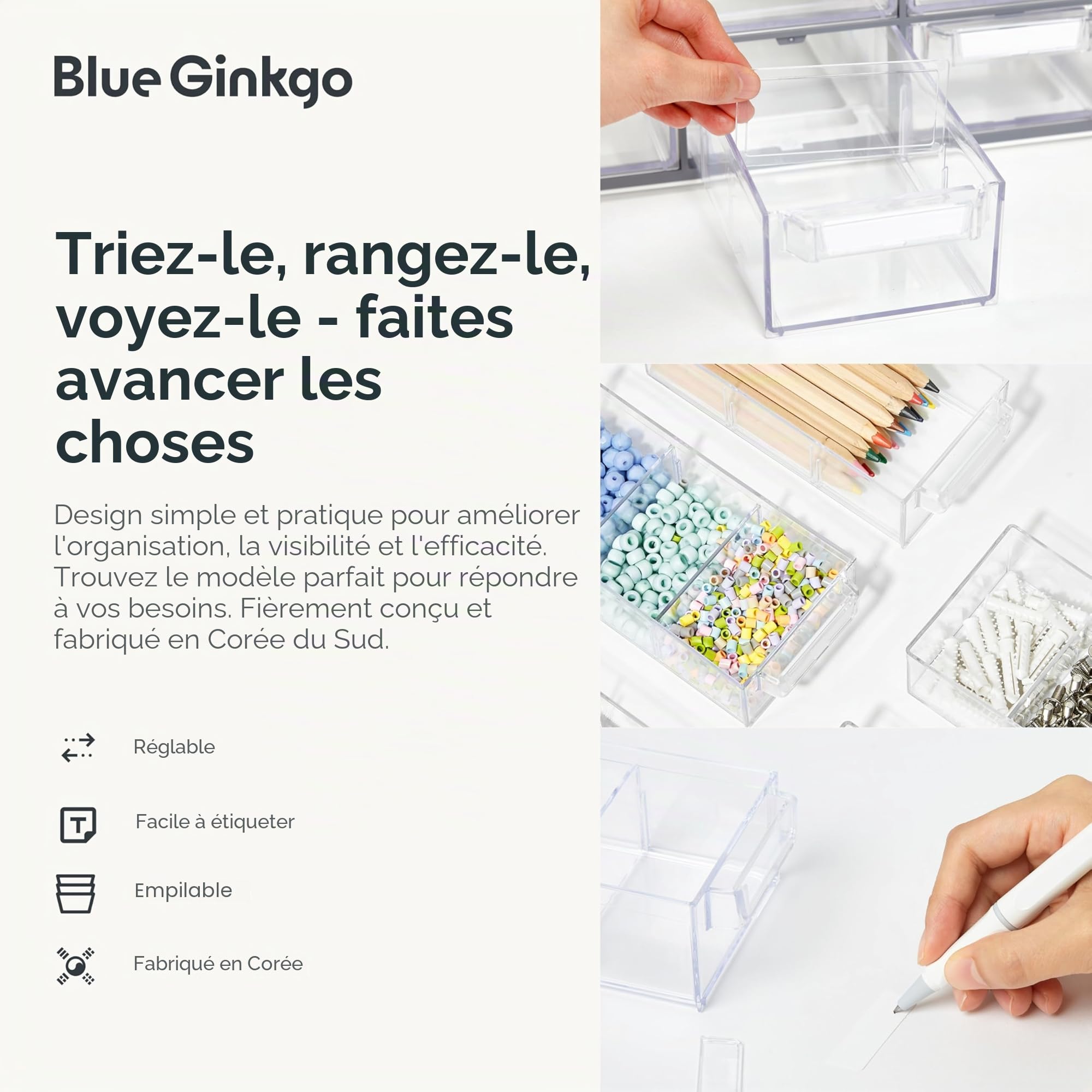BLUE GINKGO Petite armoire de rangement à 20 tiroirs – Rangement empilable pour perles et objets artisanaux, organisateur de petites pièces, boîte à outils pour enseignant (fabriquée en Corée) – Gris