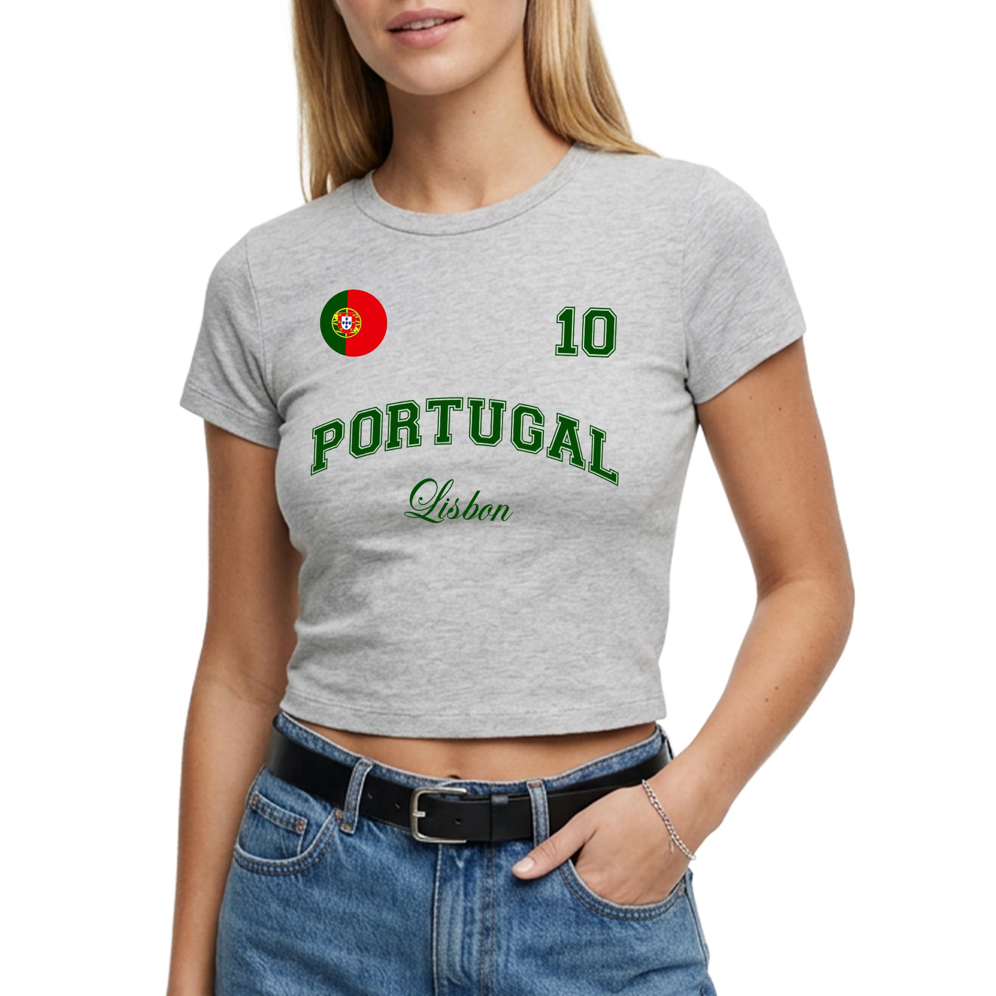 Portugal Womens Baby Tee - Portuguese City Name Number Badge Short Top Football Tshirt Fan Gift, L, Sport Grey